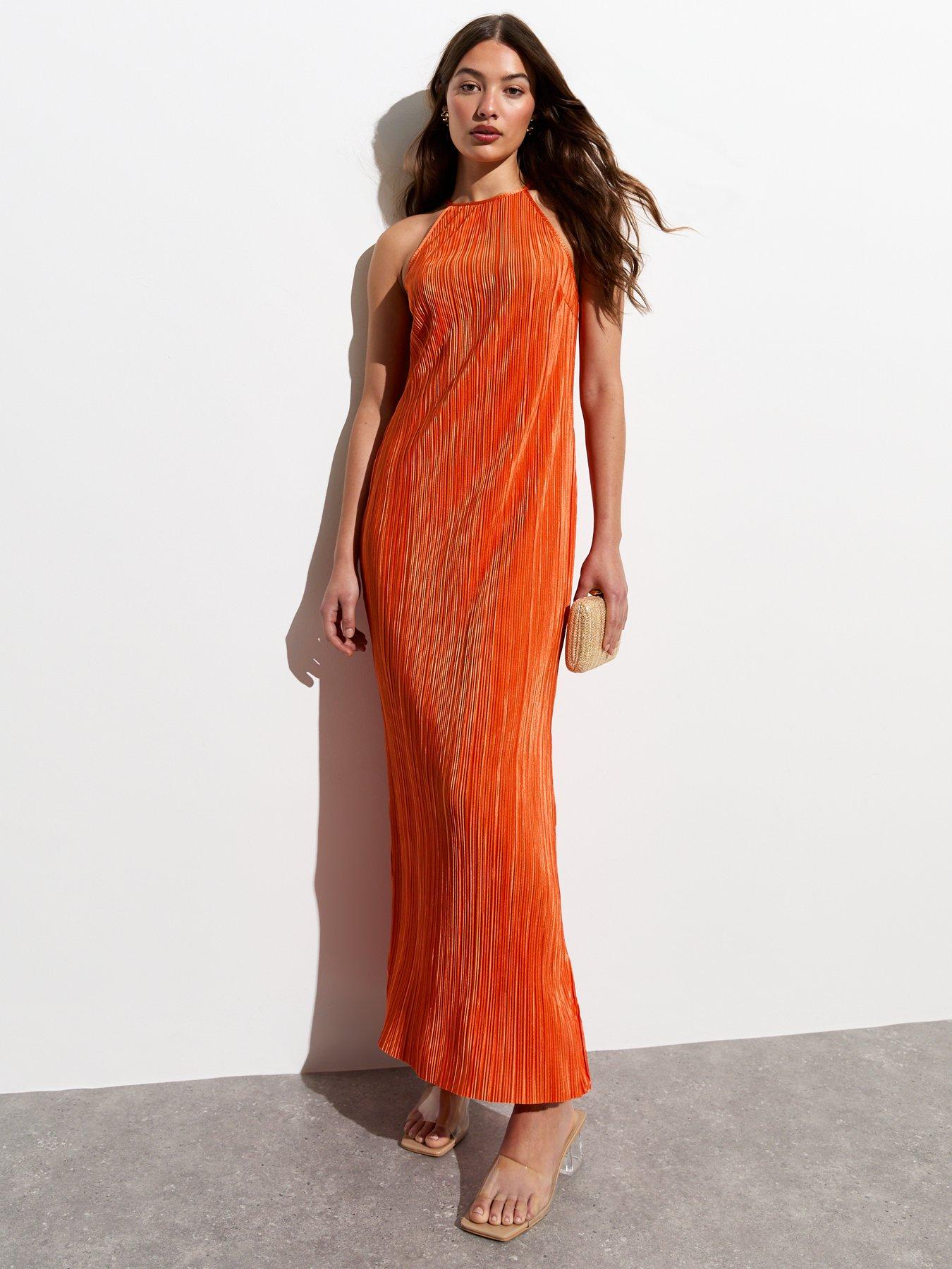 New Look Plisse Halter Neck Sleeveless Maxi Dress Bright Orange Very Ireland