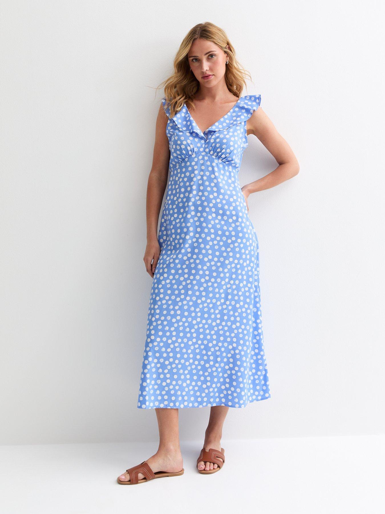 new-look-blue-polka-dot-frill-trim-midi-dressfront