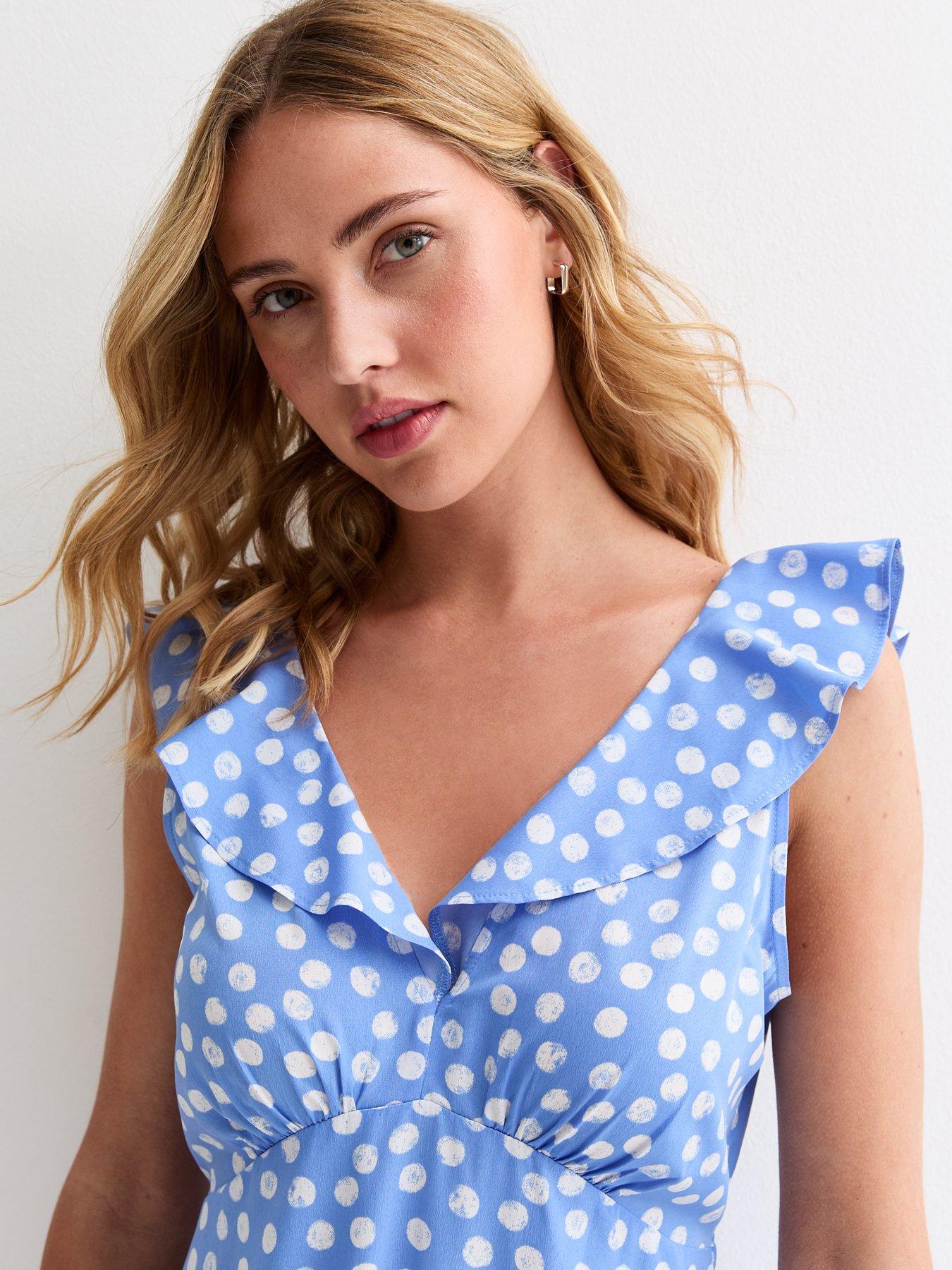 new-look-blue-polka-dot-frill-trim-midi-dressoutfit