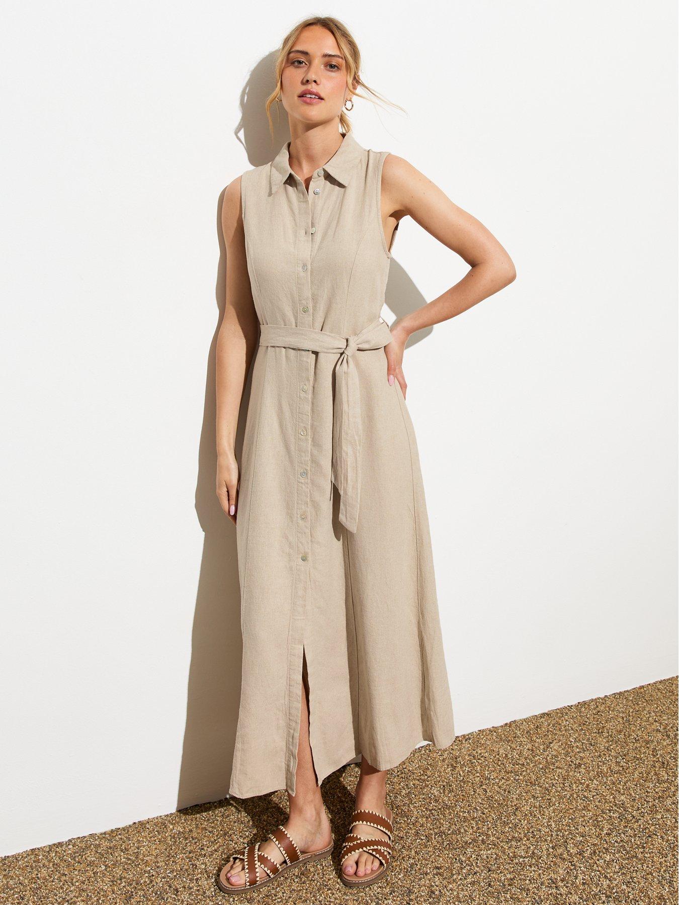 new-look-stone-sleeveless-linen-blend-buttoned-midi-shirt-dress