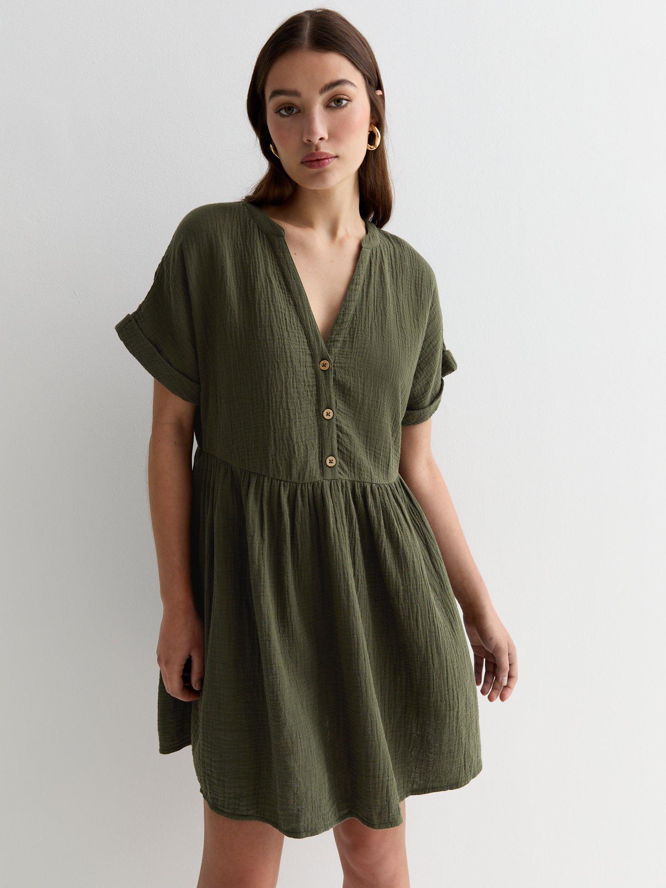 new-look-khaki-crinkle-cotton-mini-smock-dress