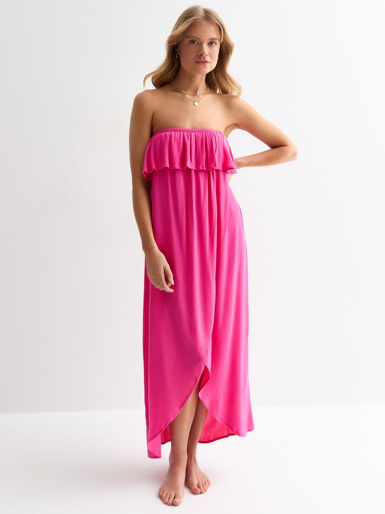 new-look-bright-pink-bandeau-ruffle-maxi-beach-dress