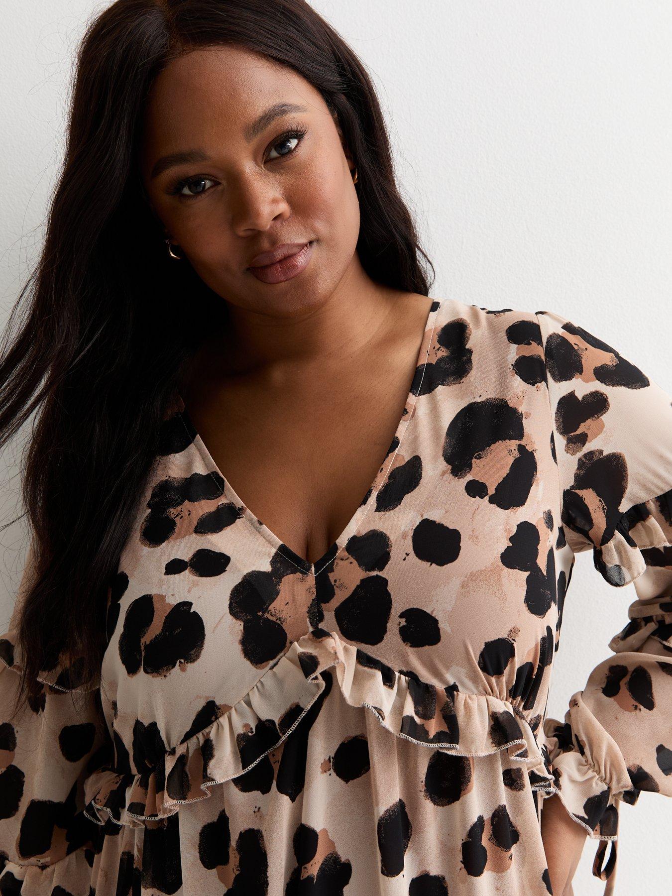 New Look Curves Brown Leopard Print Frill Smock Midi Dress Print