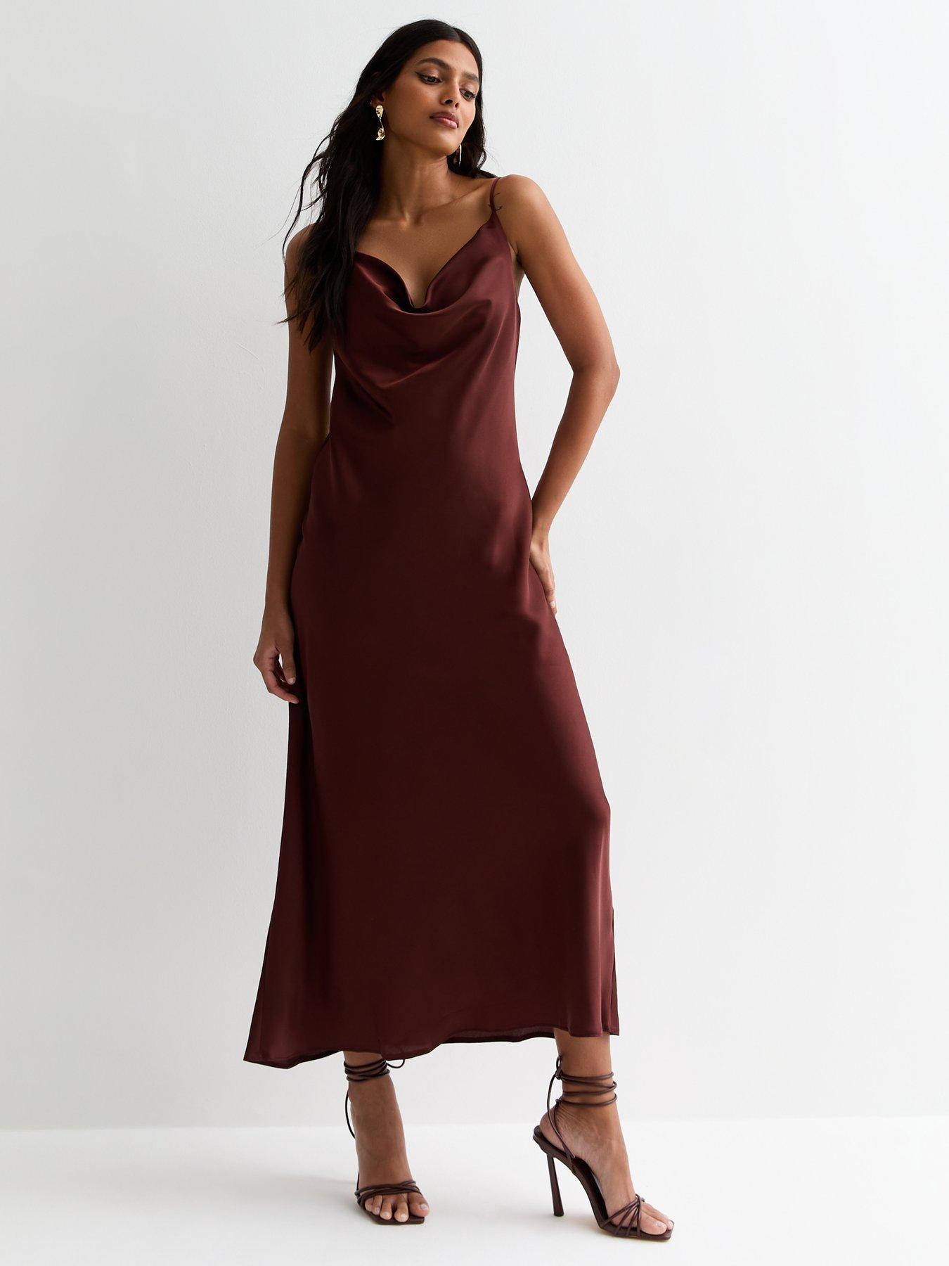 Strappy satin cowl midi dress new arrivals