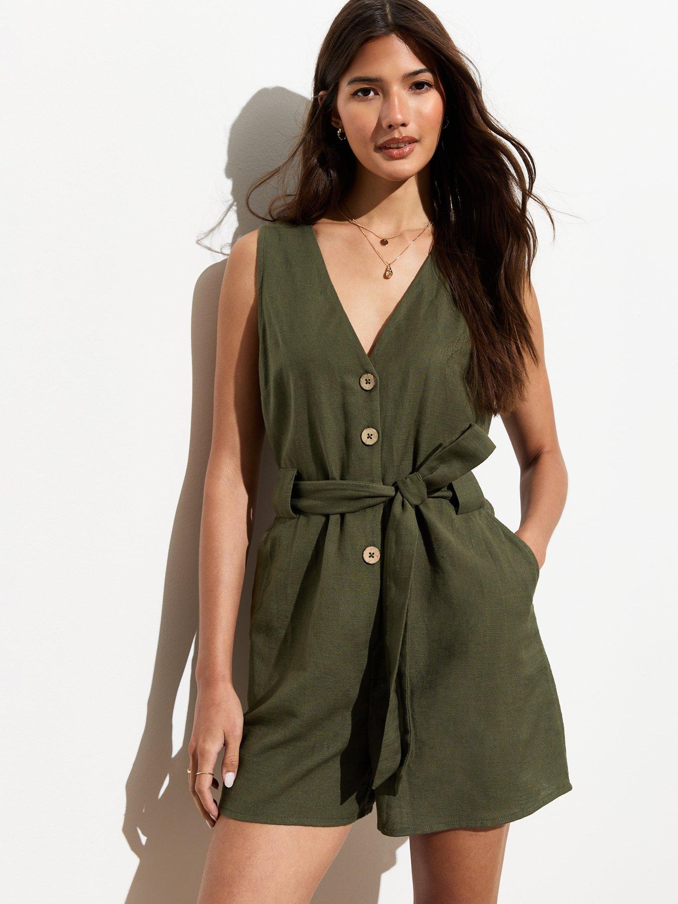 new-look-dark-khaki-v-neck-belted-cotton-playsuit