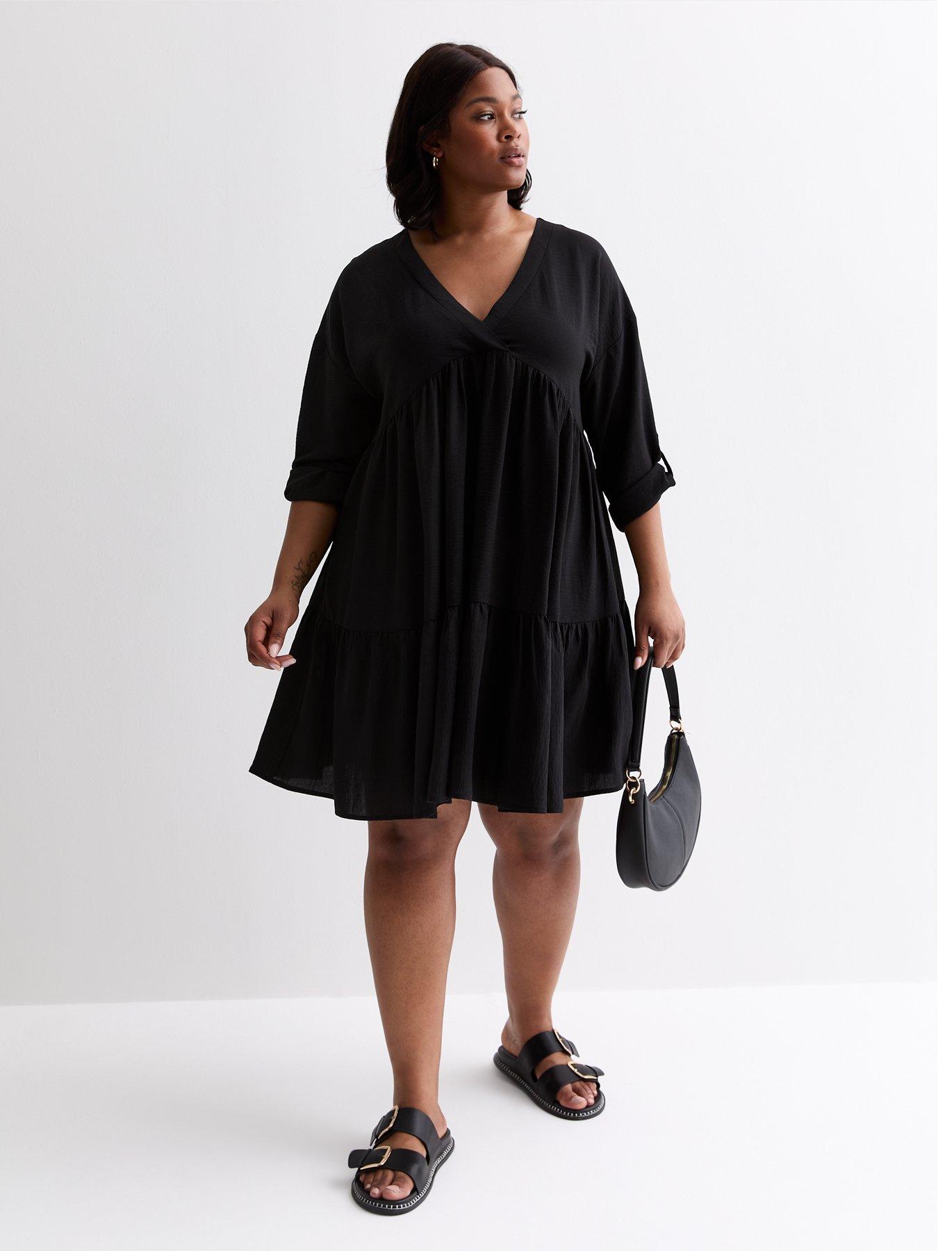 new-look-curves-black-v-neck-tiered-mini-smock-dressback