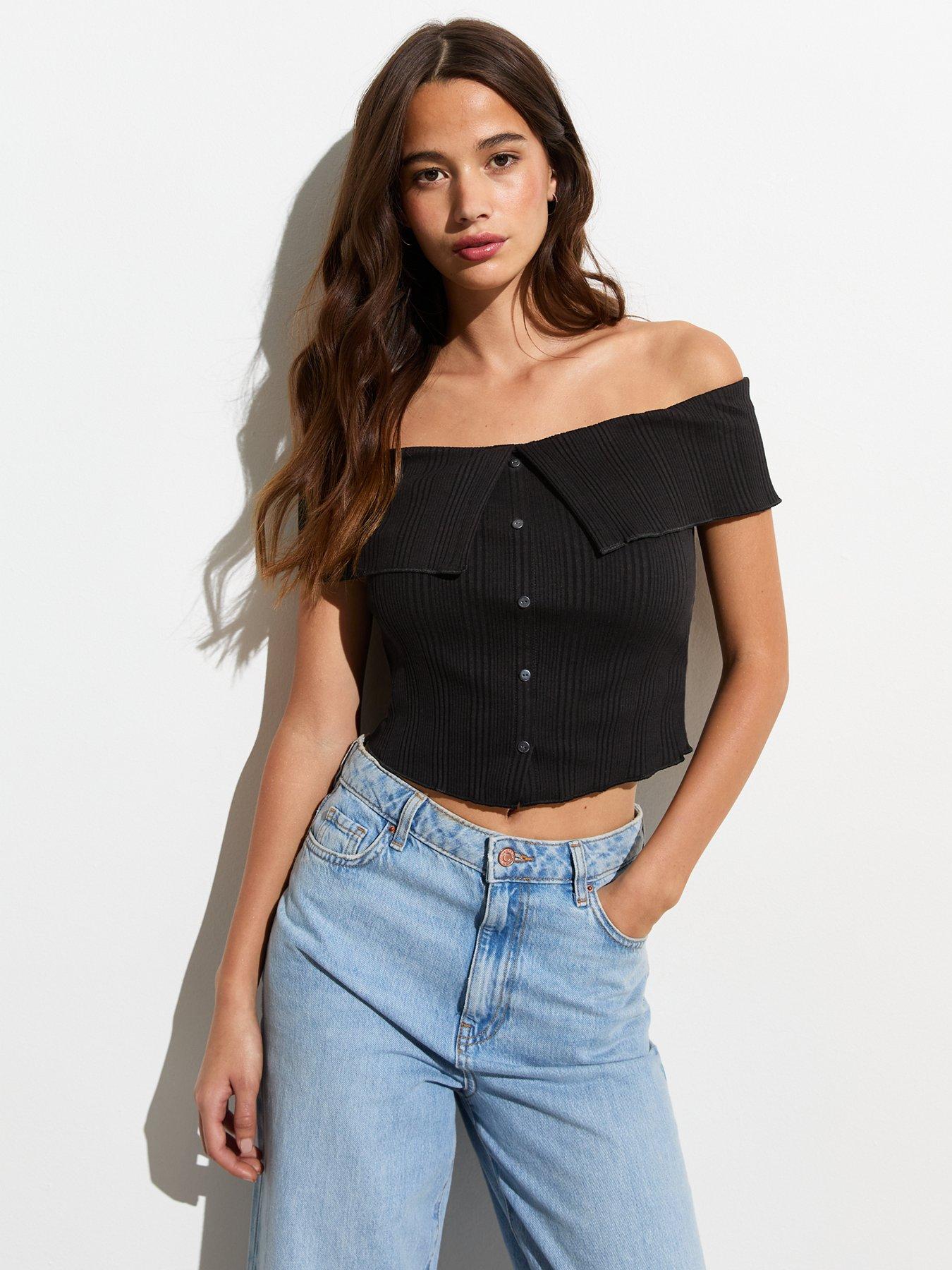 new-look-black-decorative-button-bardot-top