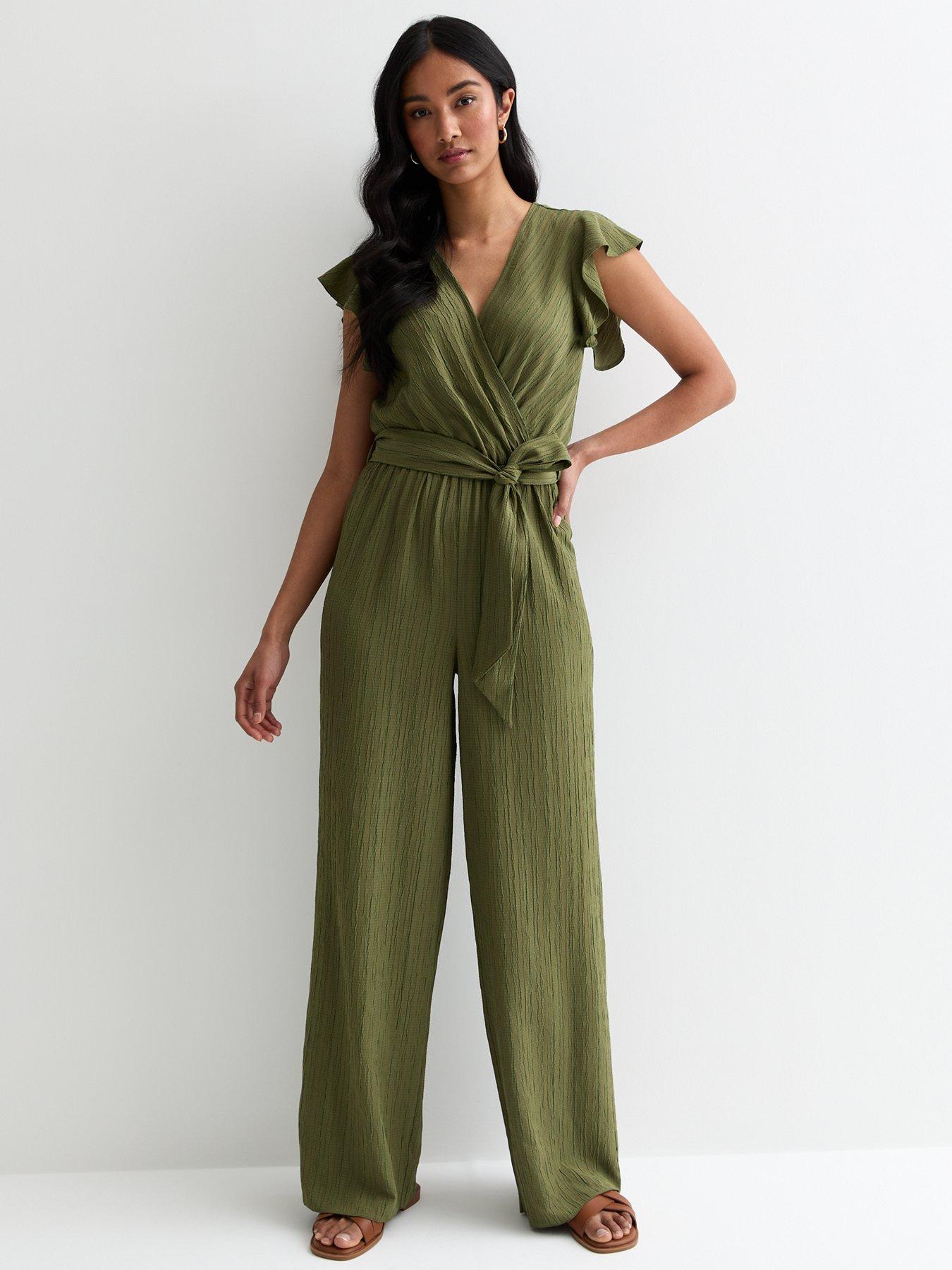 Khaki Textured Frill Wrap Jumpsuit