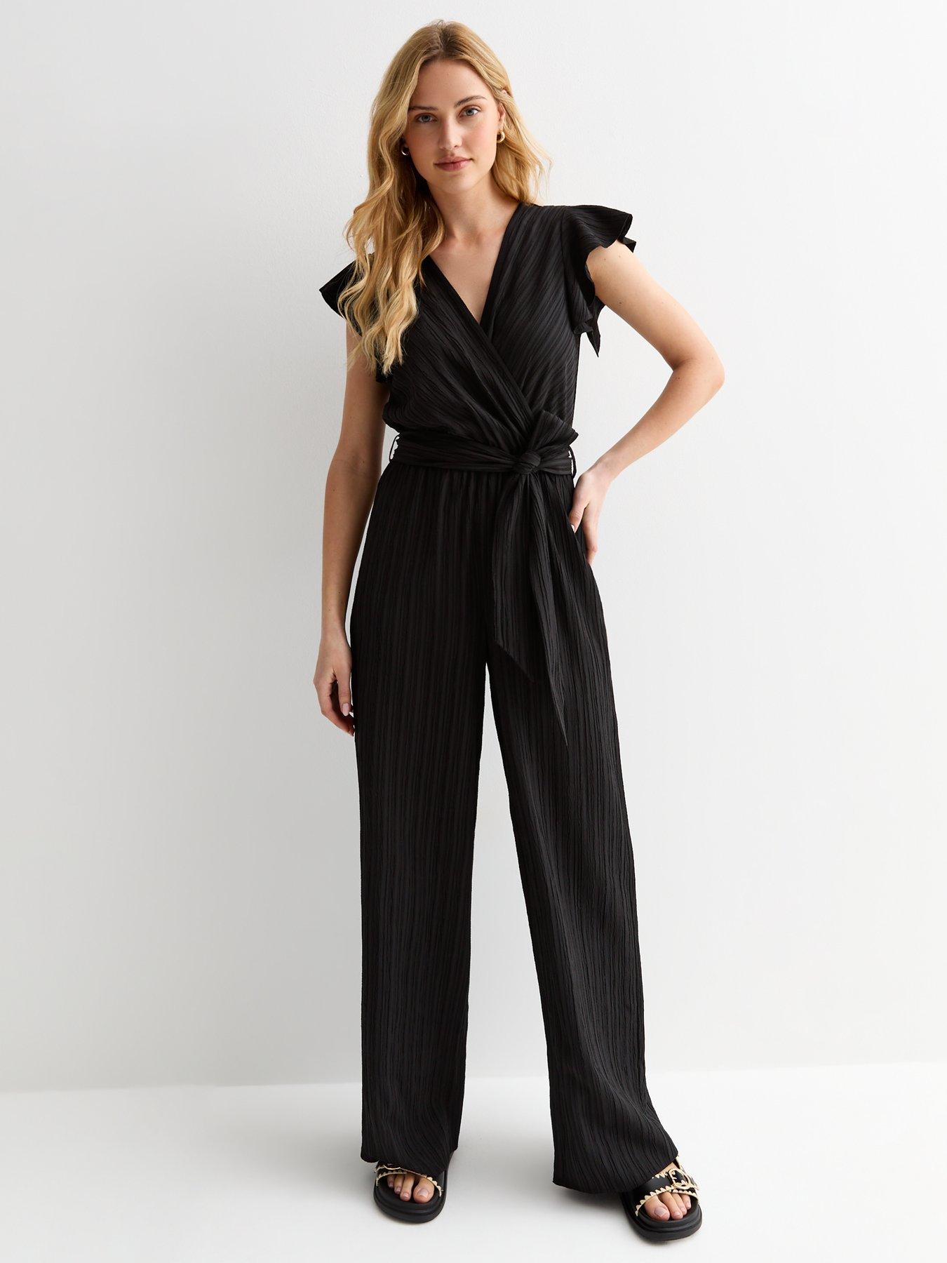 Black Textured Frill Wrap Jumpsuit