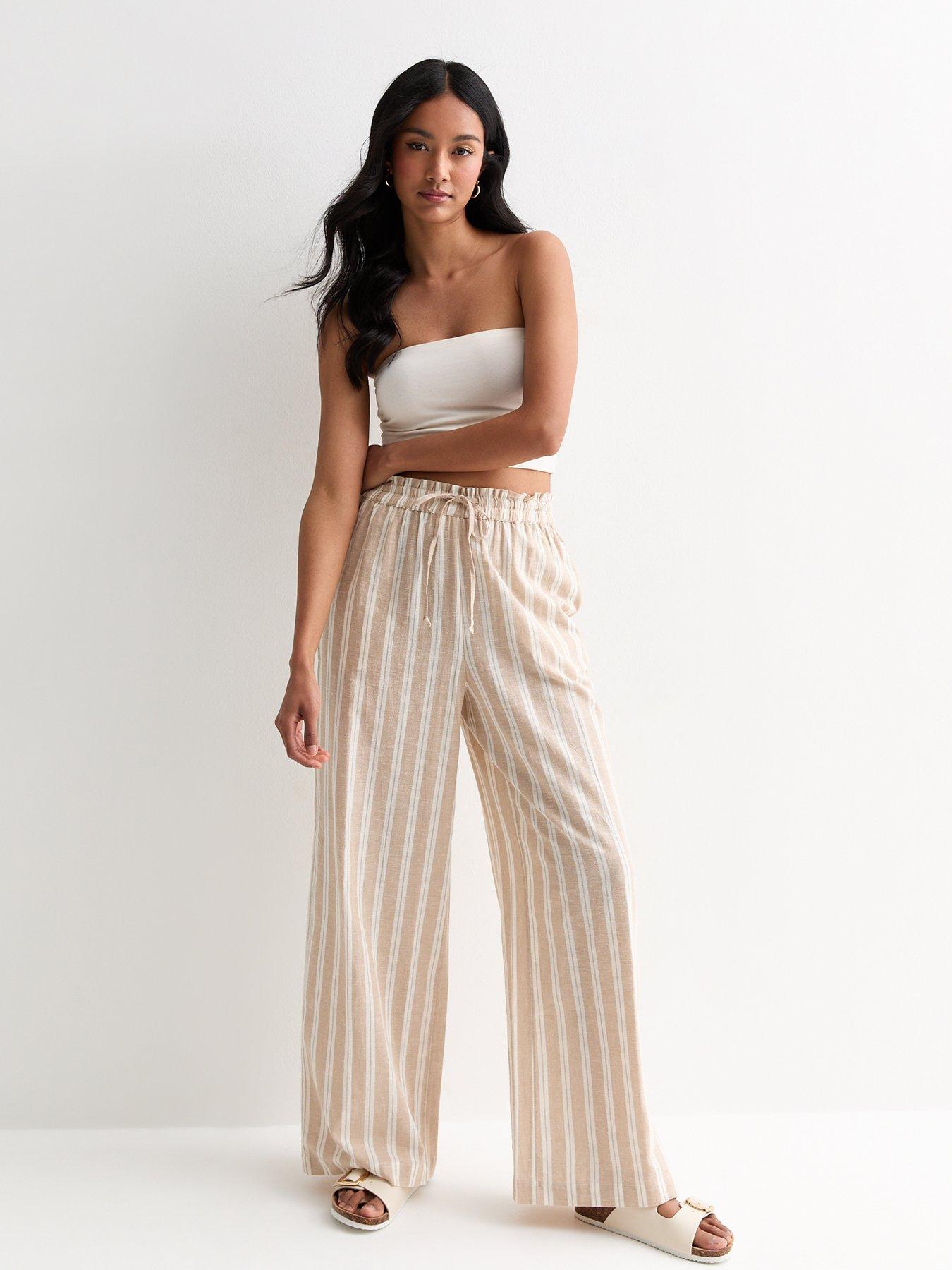 new-look-camel-stripe-cotton-linen-blend-drawstring-trousers