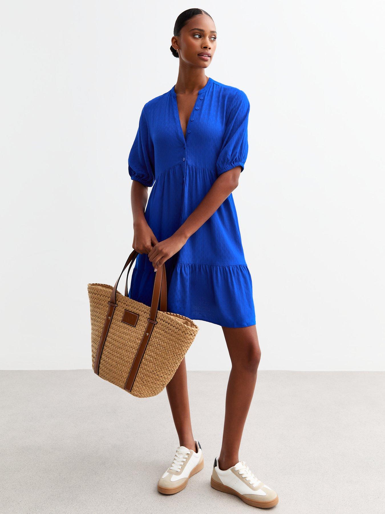 new-look-blue-button-through-textured-mini-smock-dress