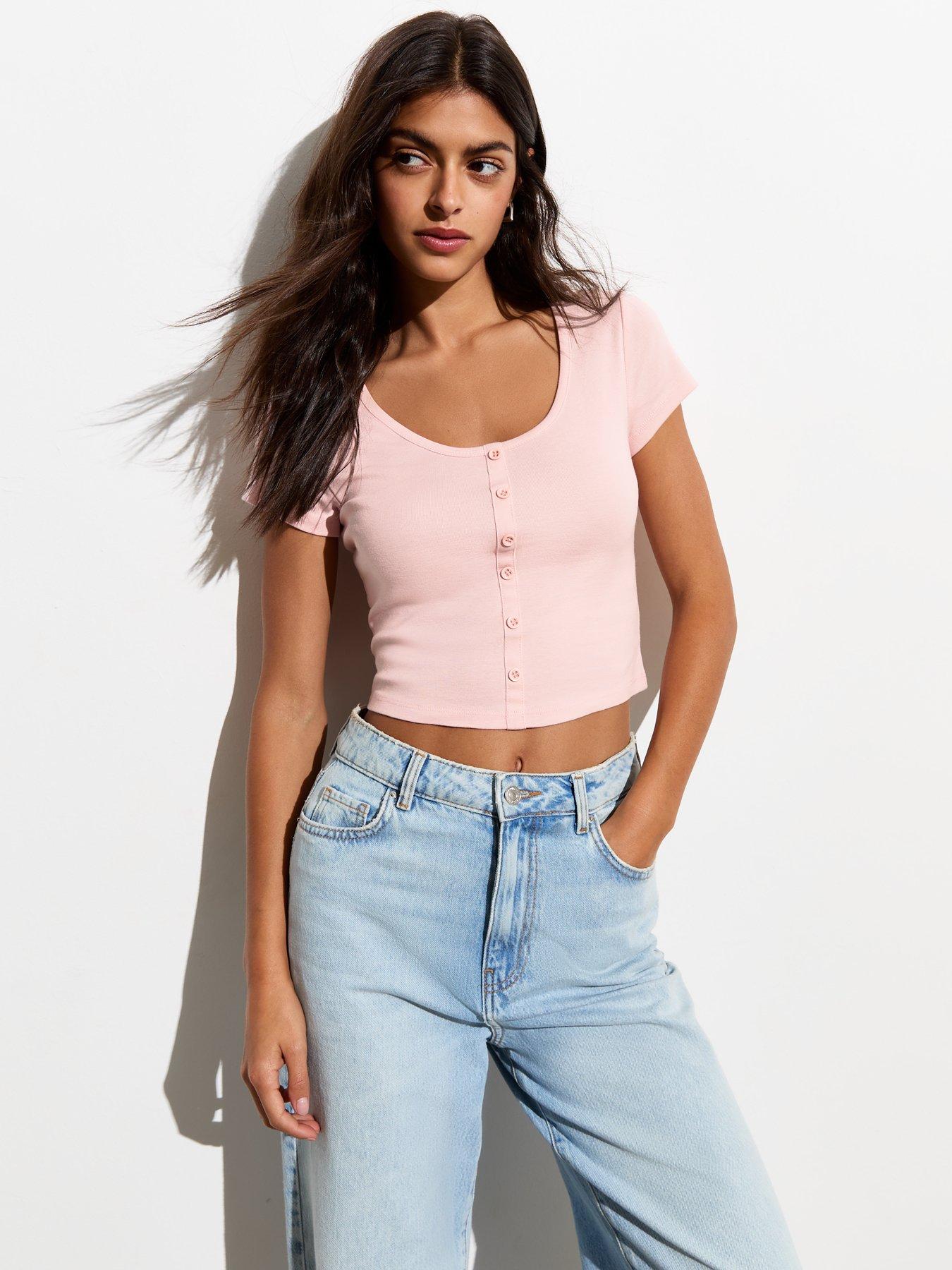 new-look-pale-pink-button-front-crop-cotton-t-shirt