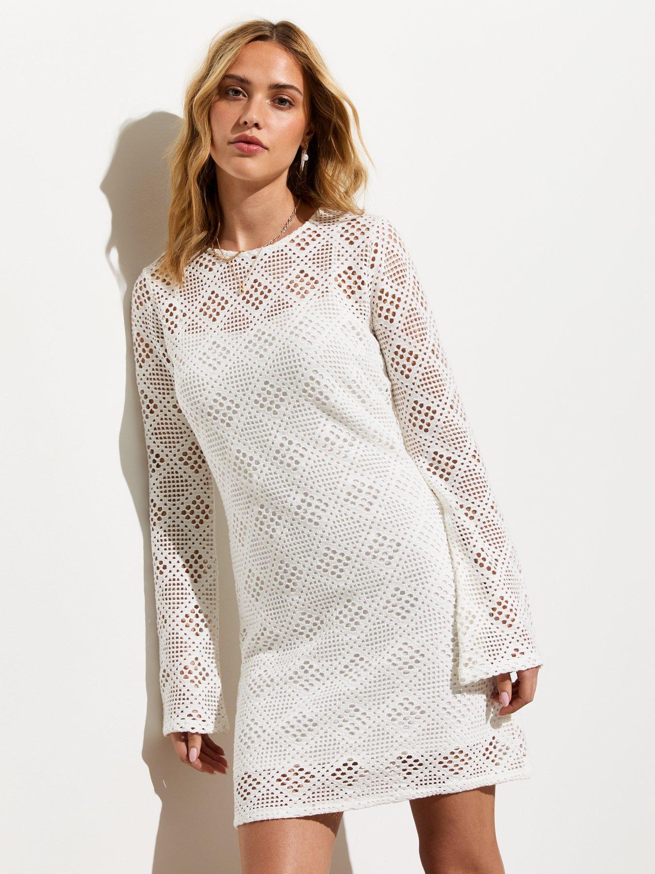 new-look-off-white-flounce-sleeve-crochet-mini-tunic-dress