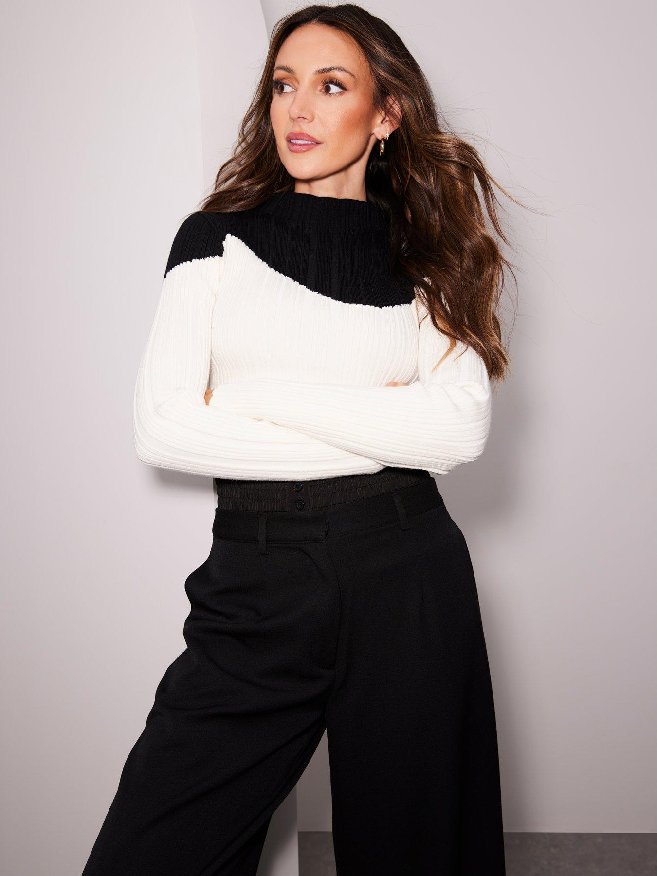 michelle-keegan-knittednbsprib-long-sleeve-contrast-top--nbspblackcreamoutfit