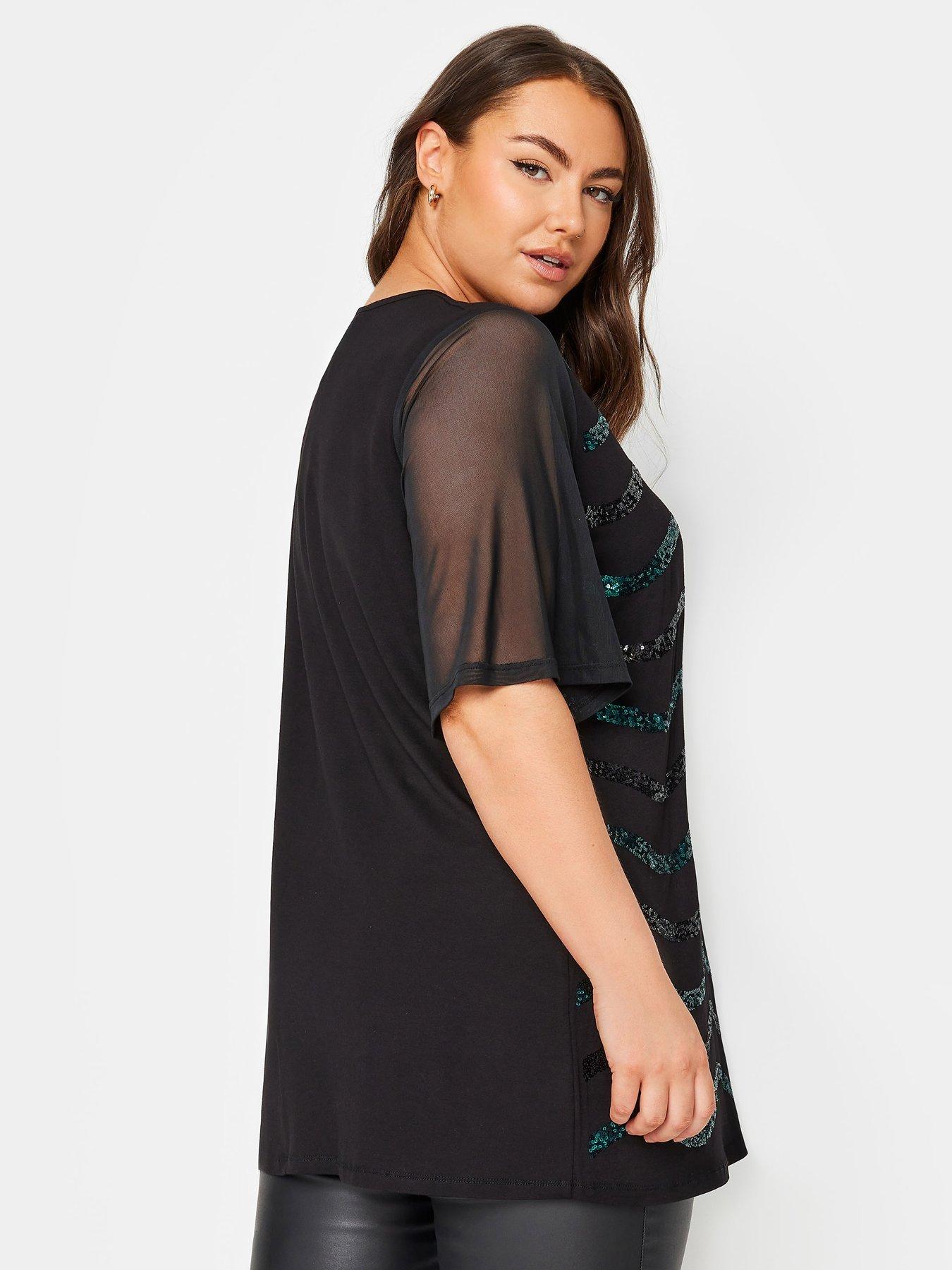 yours-curve-sequin-embellished-mesh-sleeve-top-blackstillFront