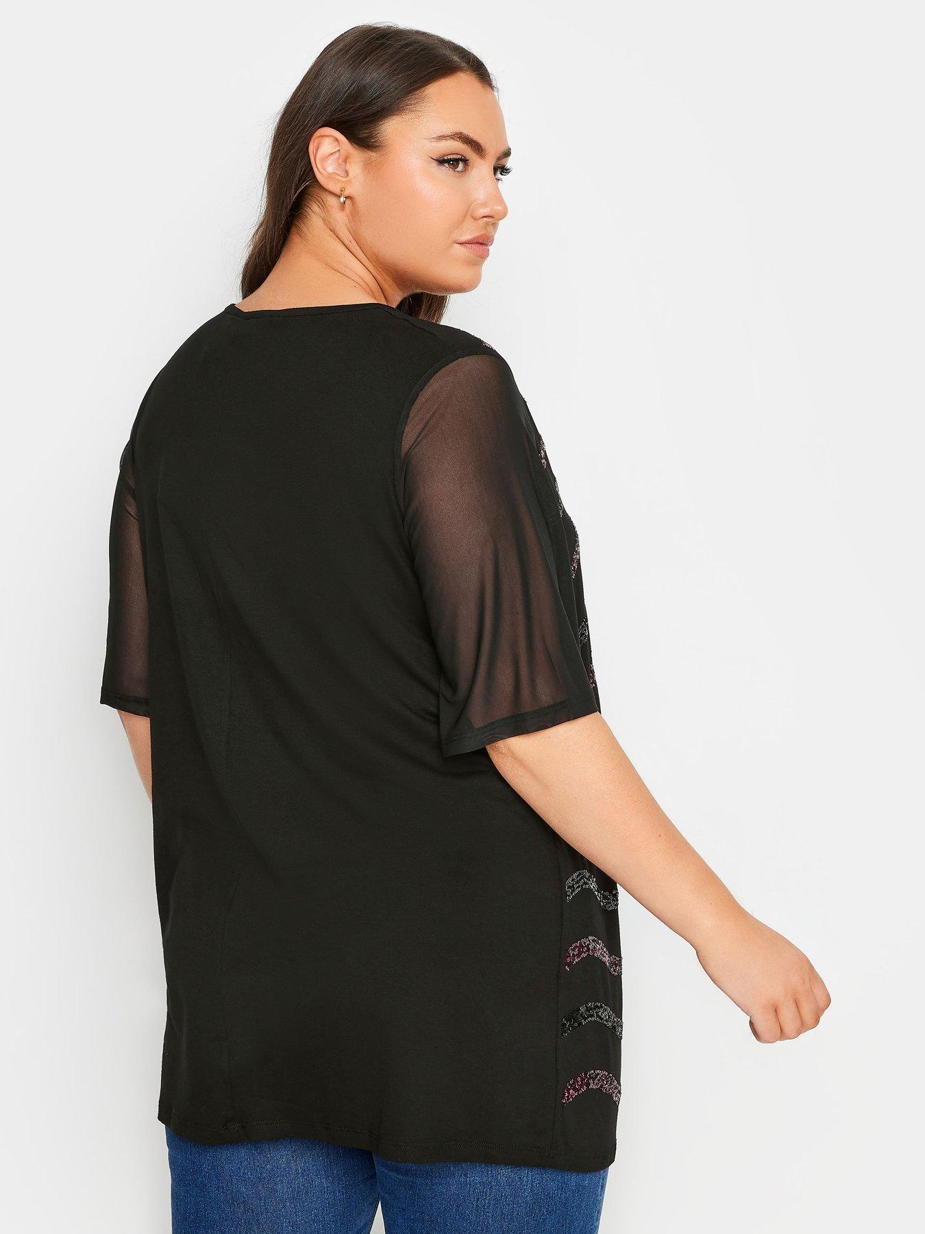 yours-curve-sequin-embellished-mesh-sleeve-top-blackstillFront