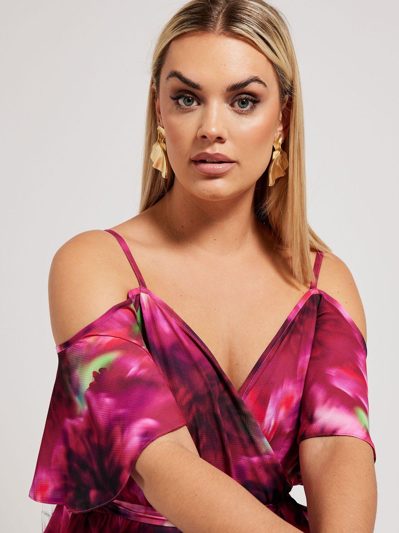 yours-curve-abstract-floral-cold-shoulder-wrap-topoutfit