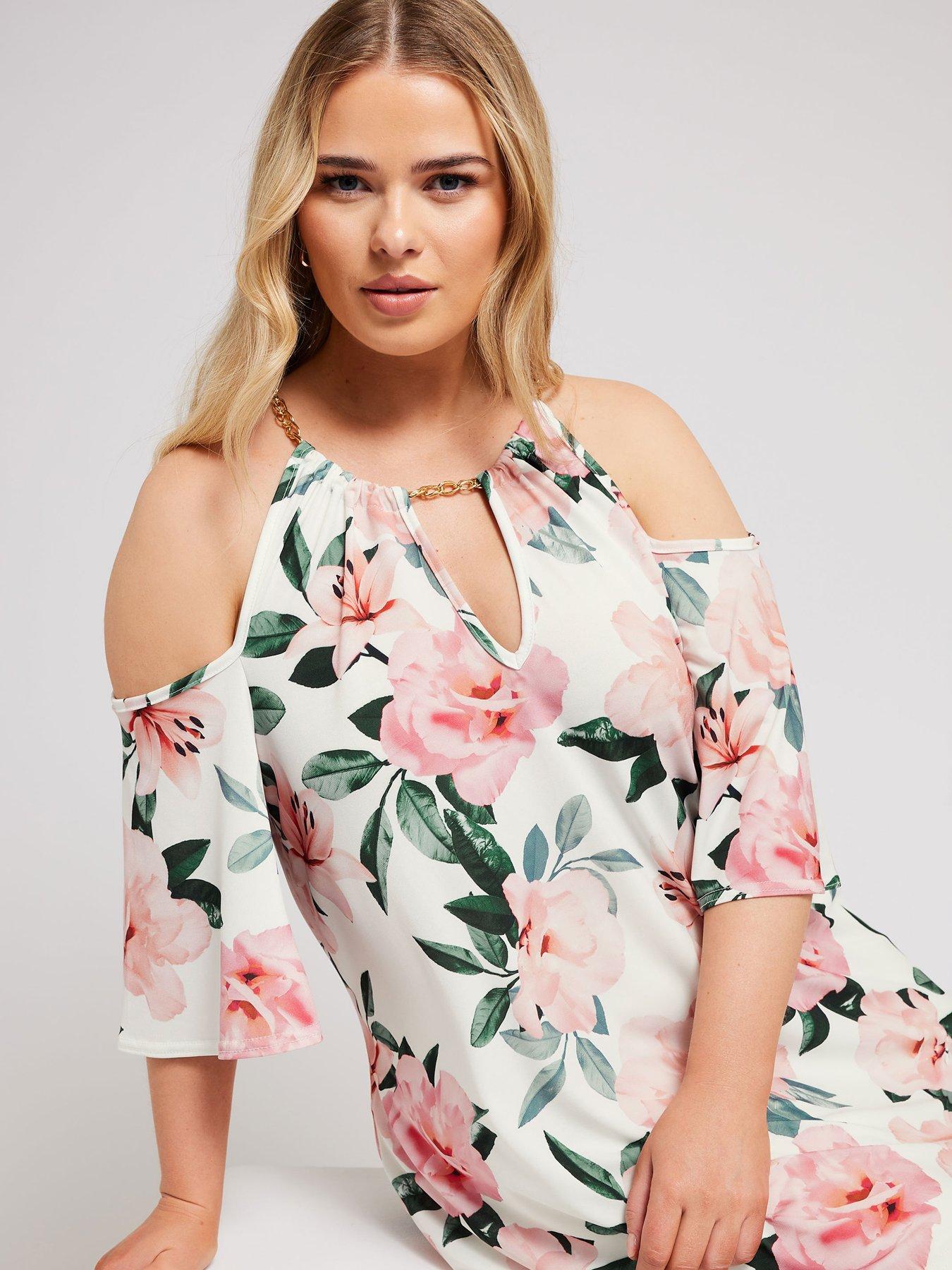 yours-curve-floral-chain-cold-shoulder-topoutfit