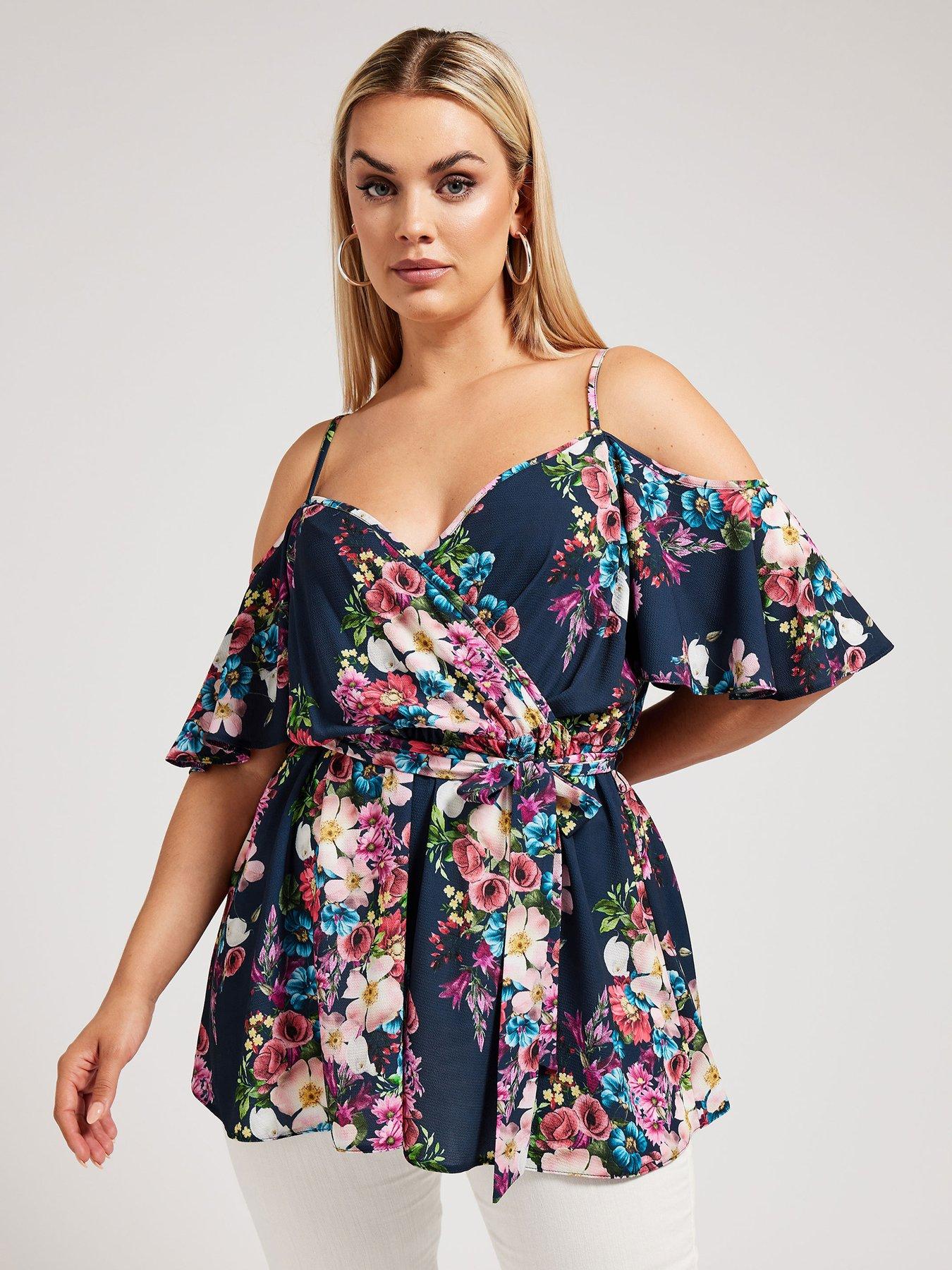 yours-curve-floral-cold-shoulder-wrap-top-blue