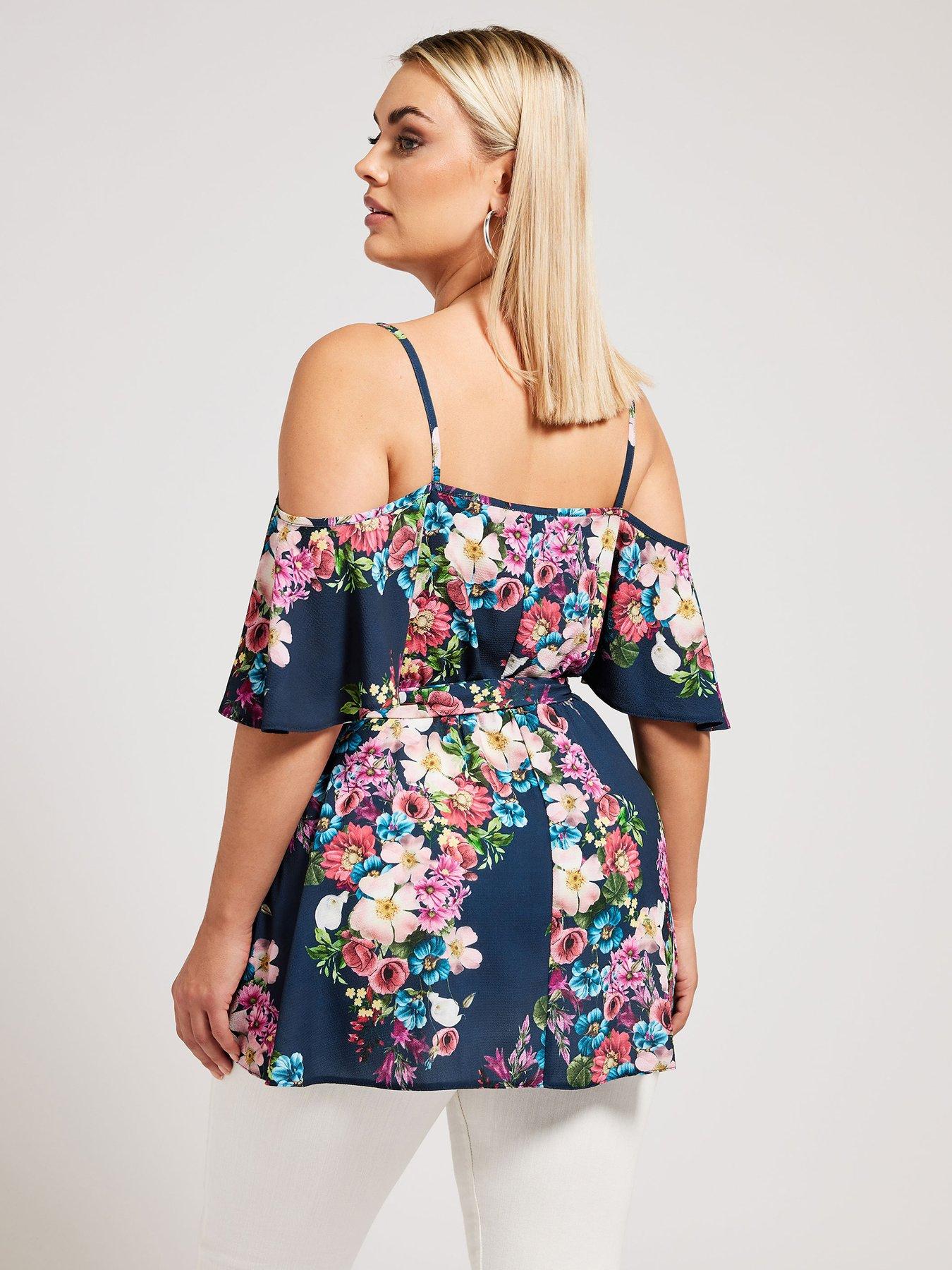 yours-curve-floral-cold-shoulder-wrap-top-bluestillFront