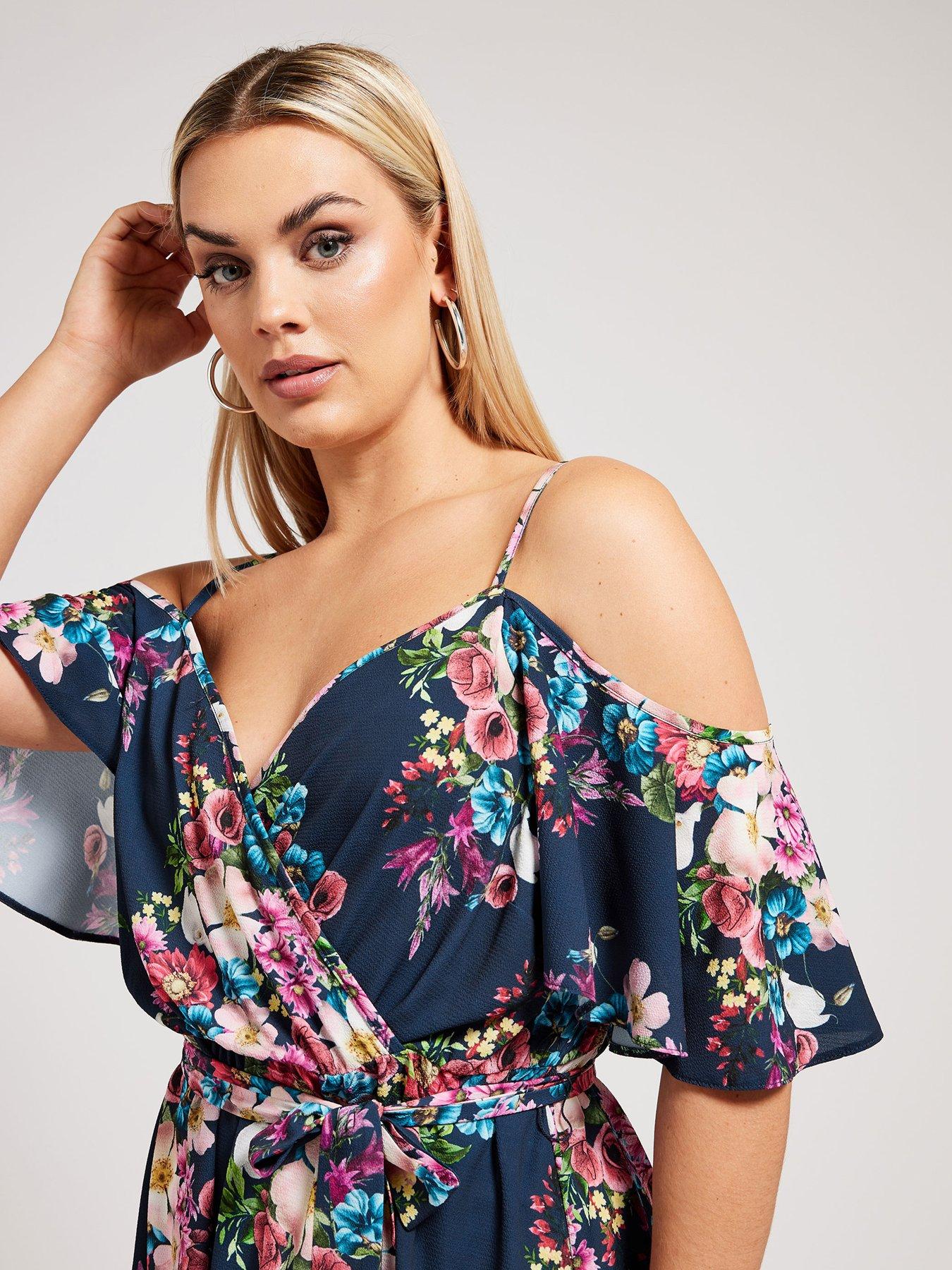 yours-curve-floral-cold-shoulder-wrap-top-blueoutfit