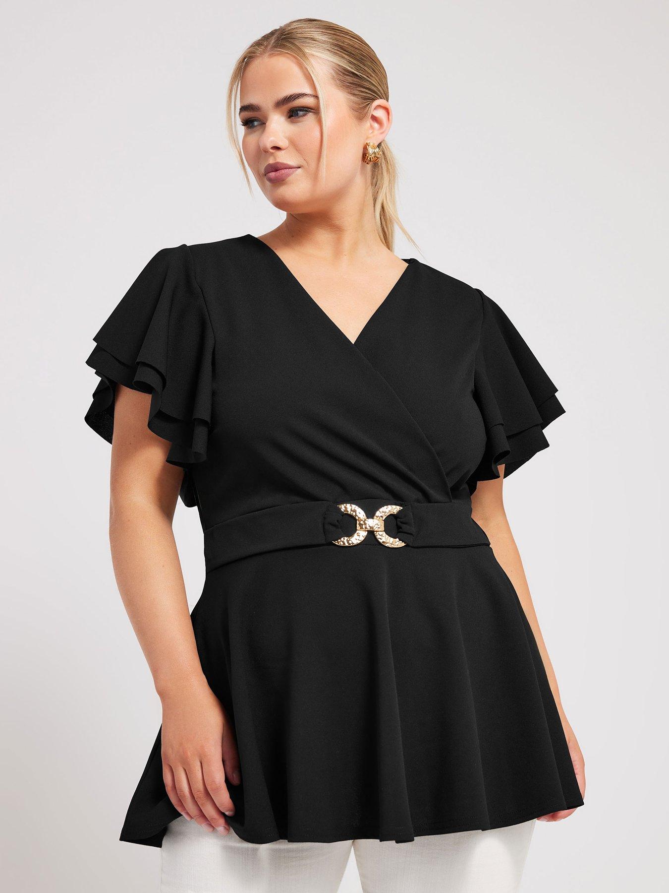 yours-curve-buckle-angel-sleeve-peplum-top-blackfront