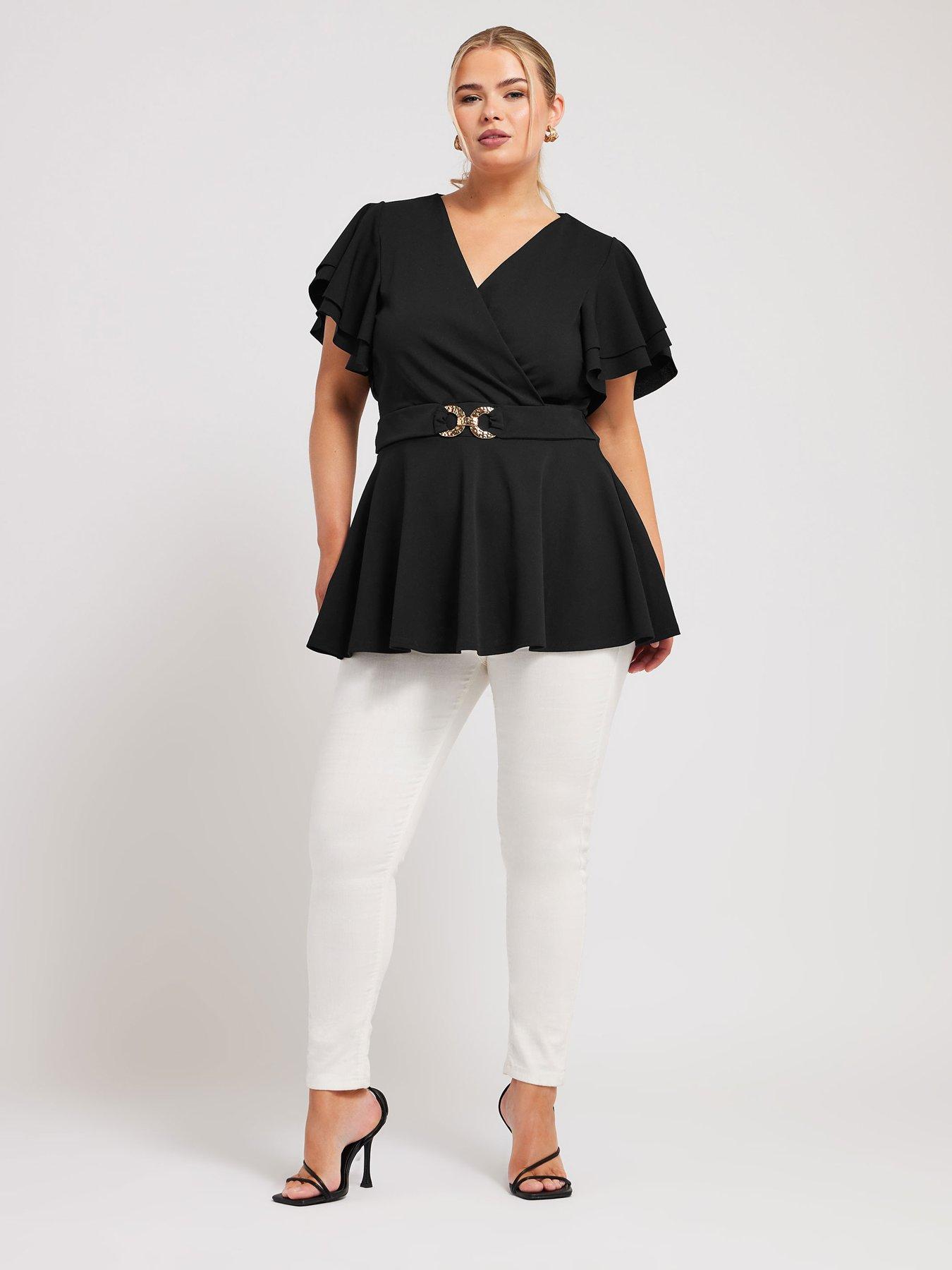 yours-curve-buckle-angel-sleeve-peplum-top-blackback