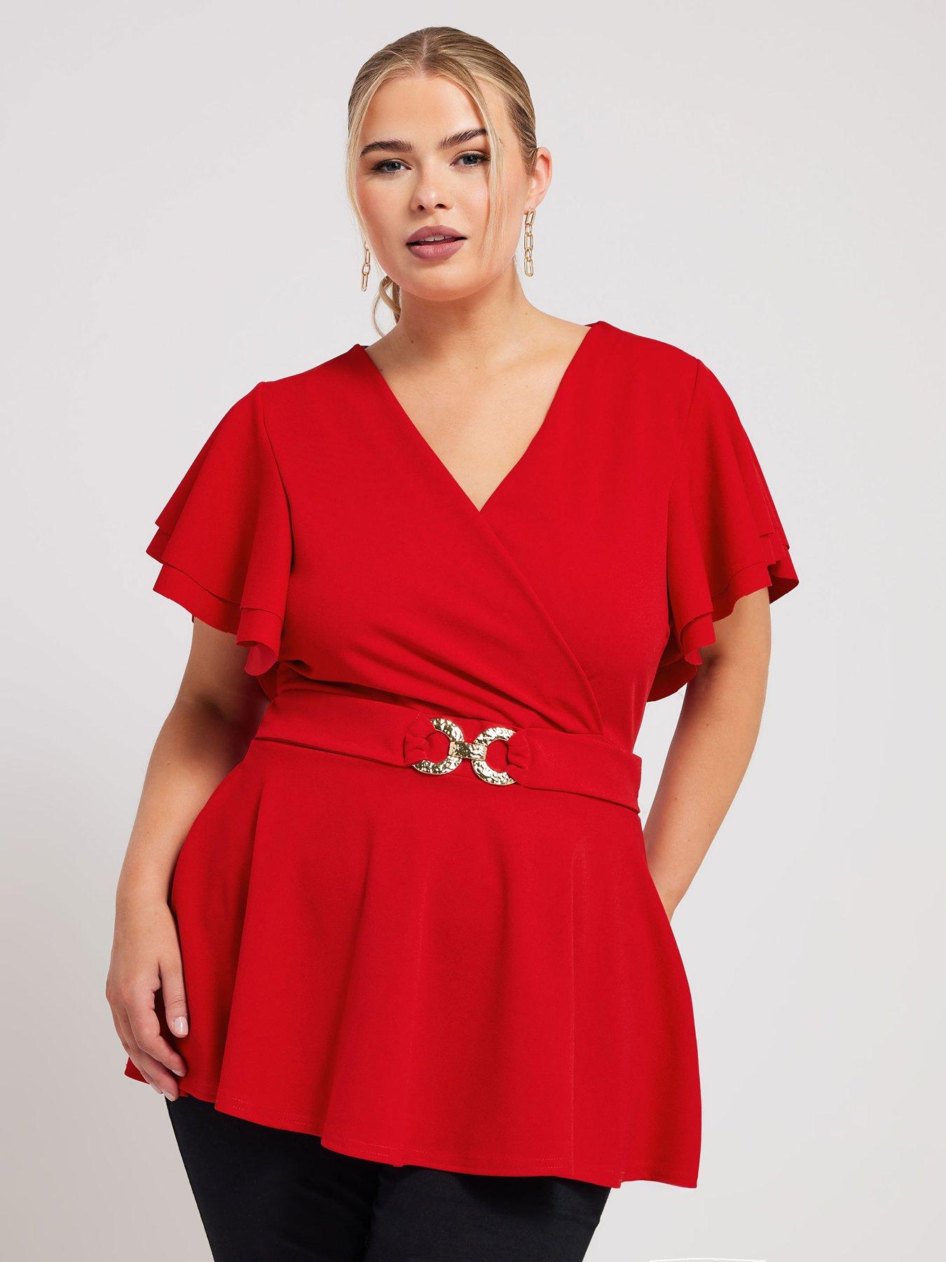 yours-curve-buckle-angel-sleeve-peplum-top-red