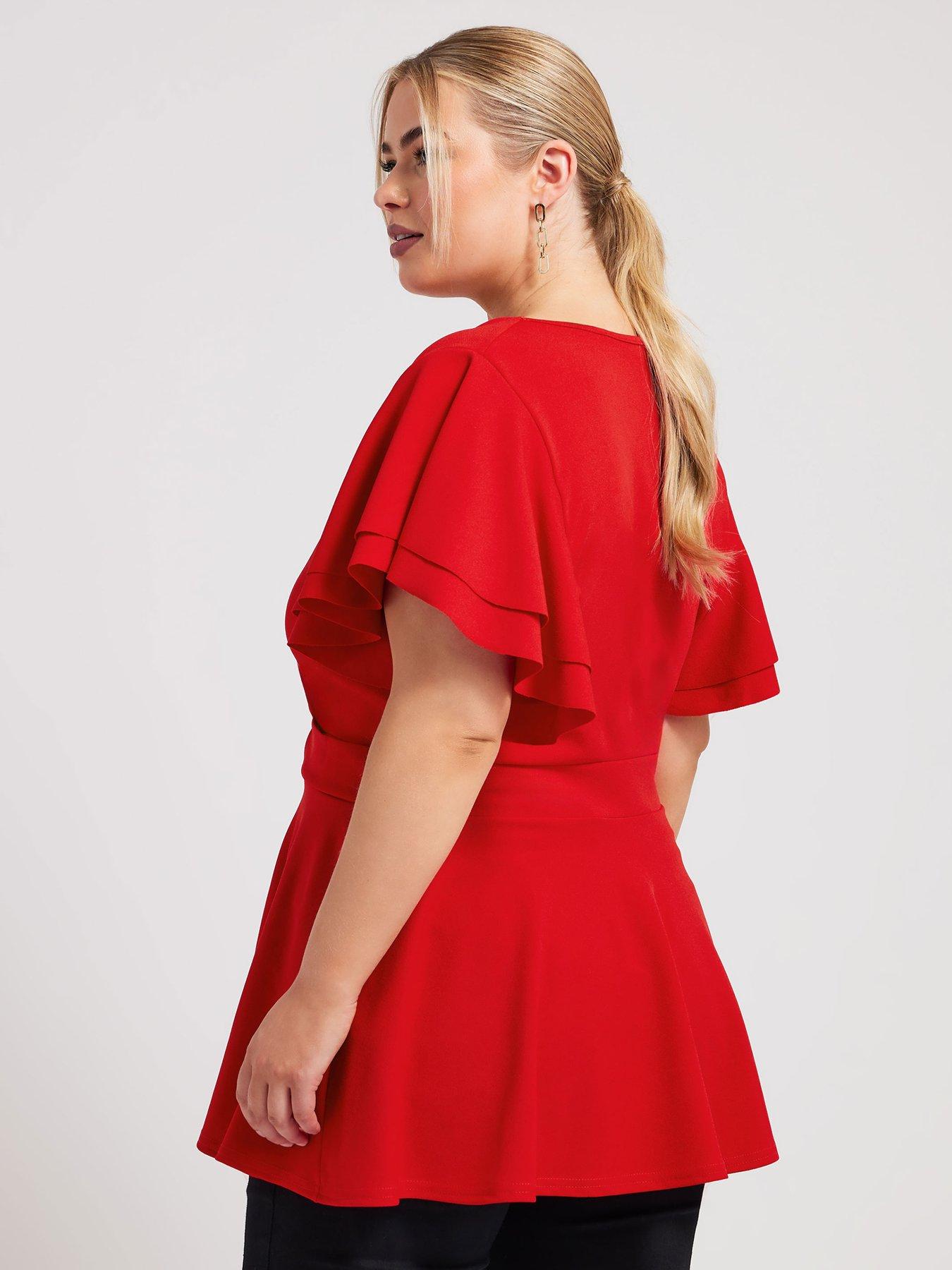 yours-curve-buckle-angel-sleeve-peplum-top-redstillFront