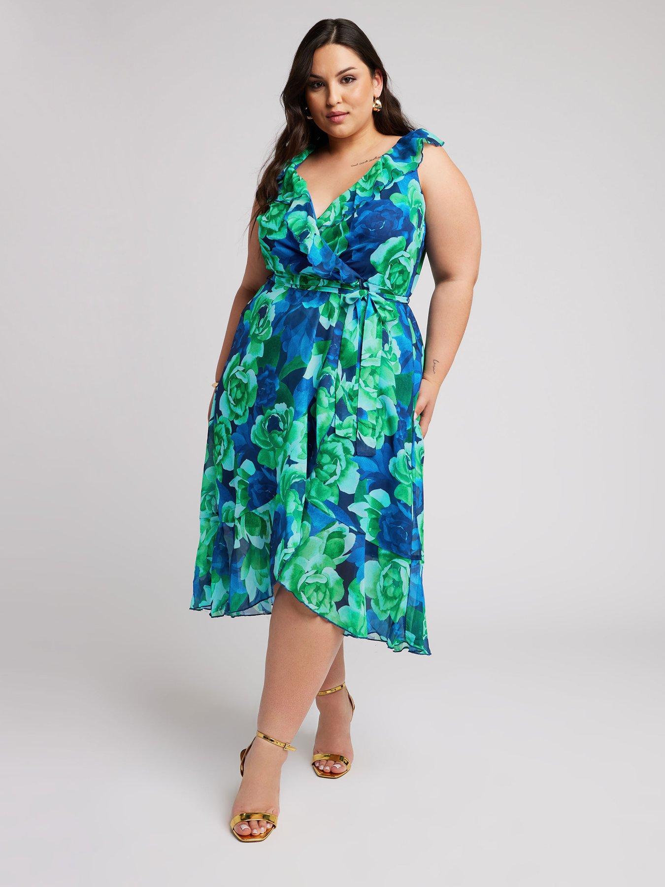 yours-curve-floral-double-wrap-ruffle-dress-green