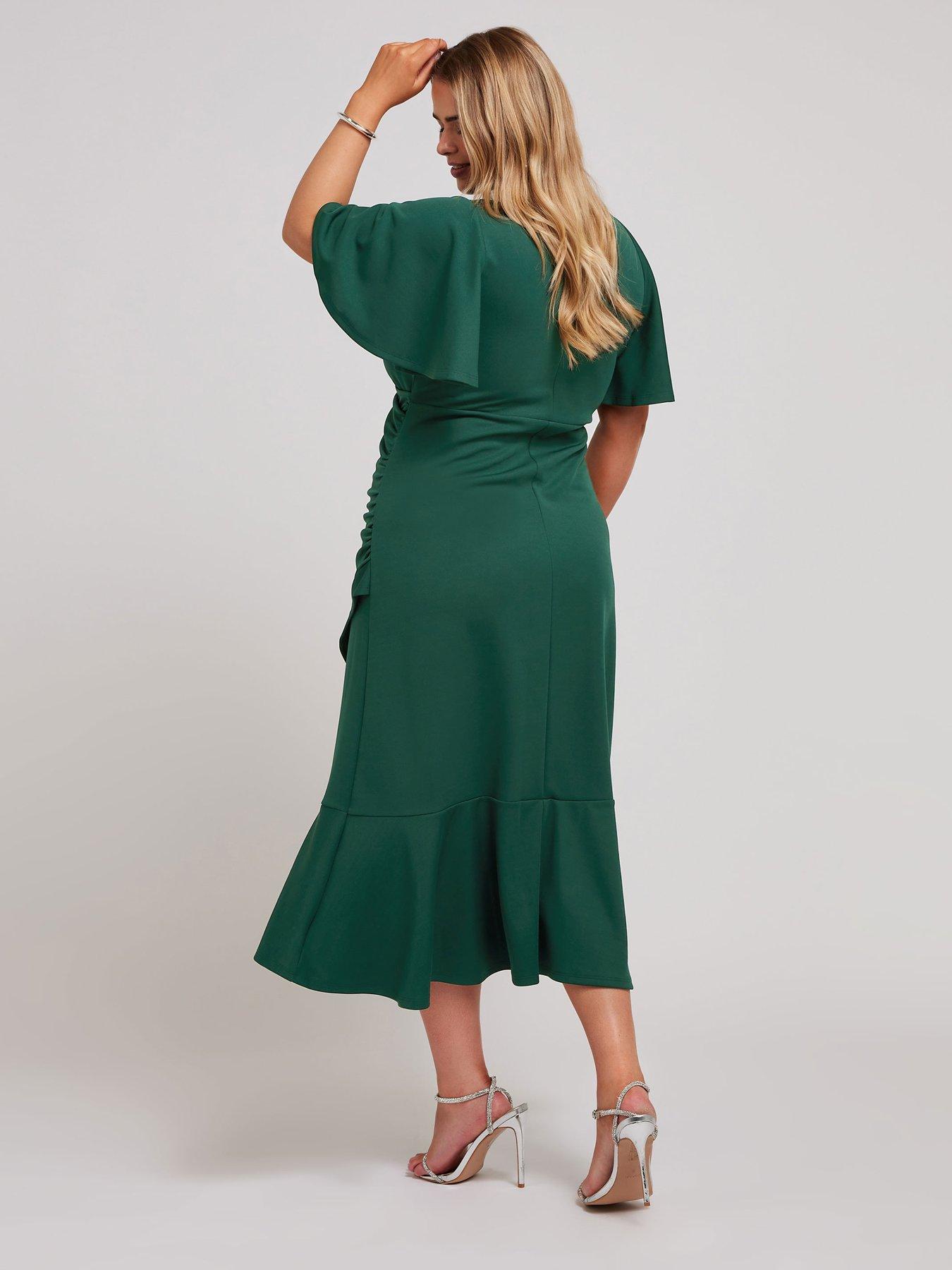 yours-curve-angel-sleeve-gathered-wrap-midi-dress-greenstillFront