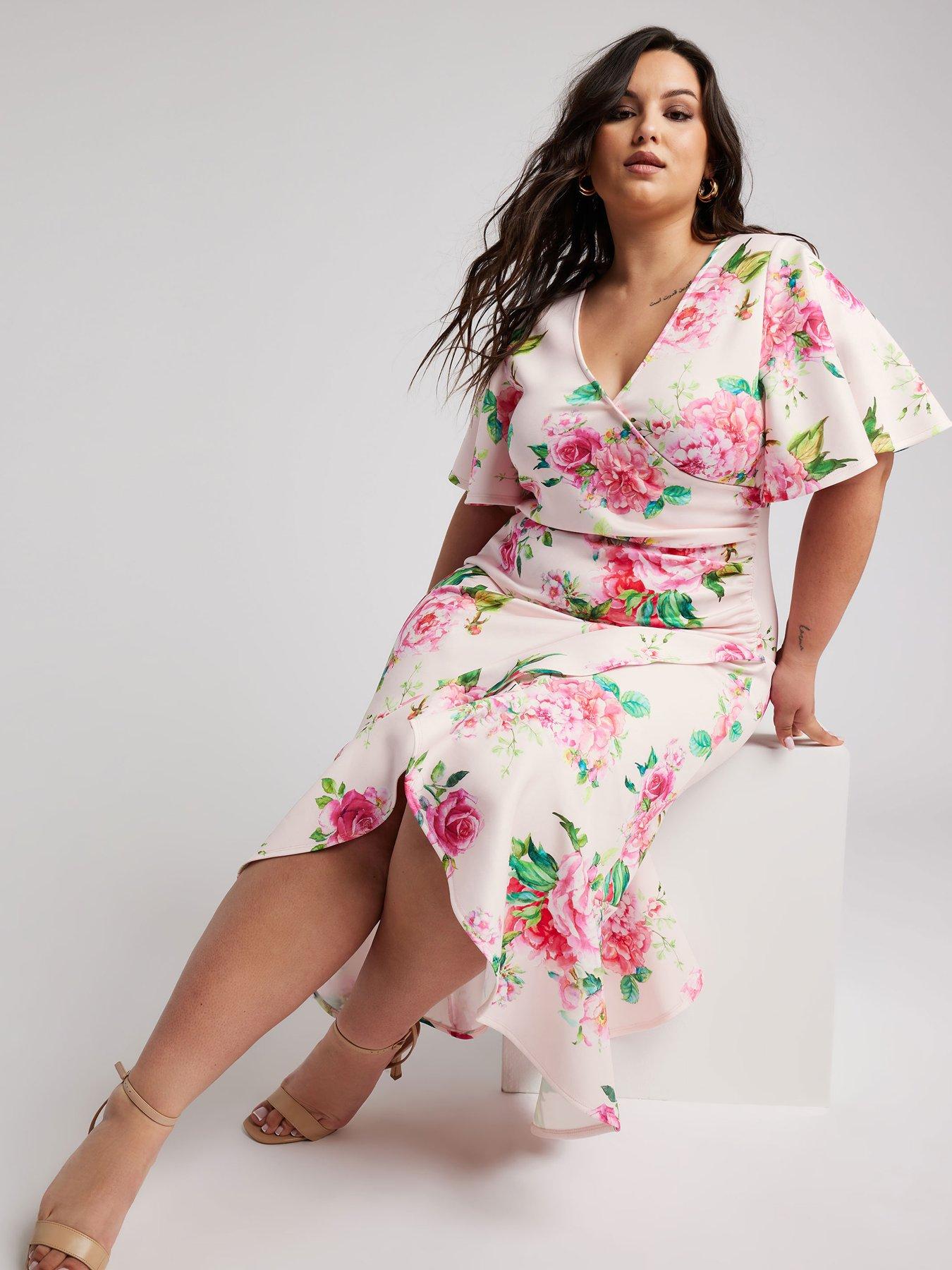 yours-curve-floral-angel-sleeve-gathered-wrap-dress-pinkfront