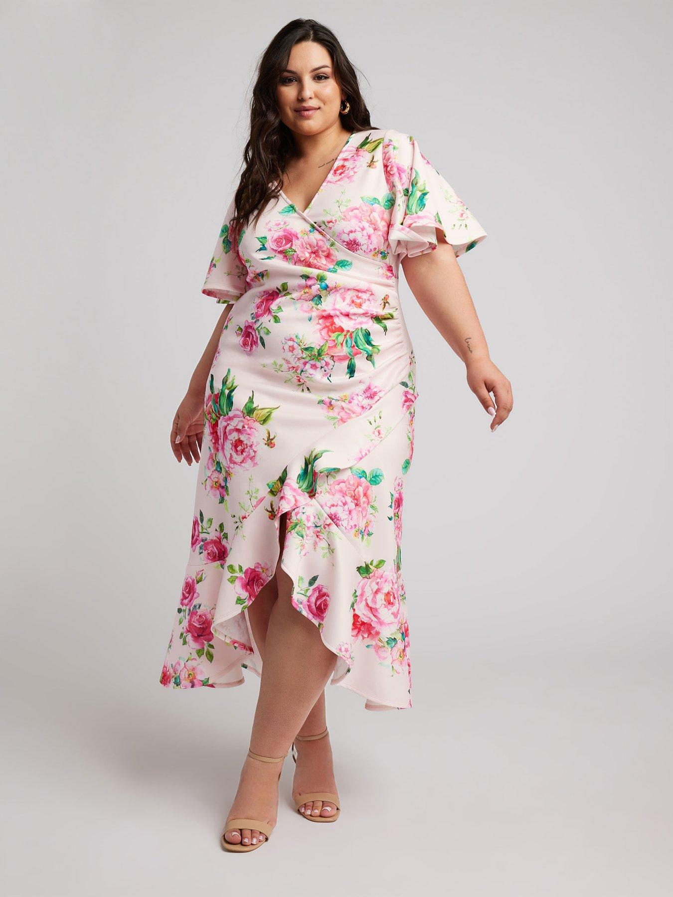 yours-curve-floral-angel-sleeve-gathered-wrap-dress-pinkback