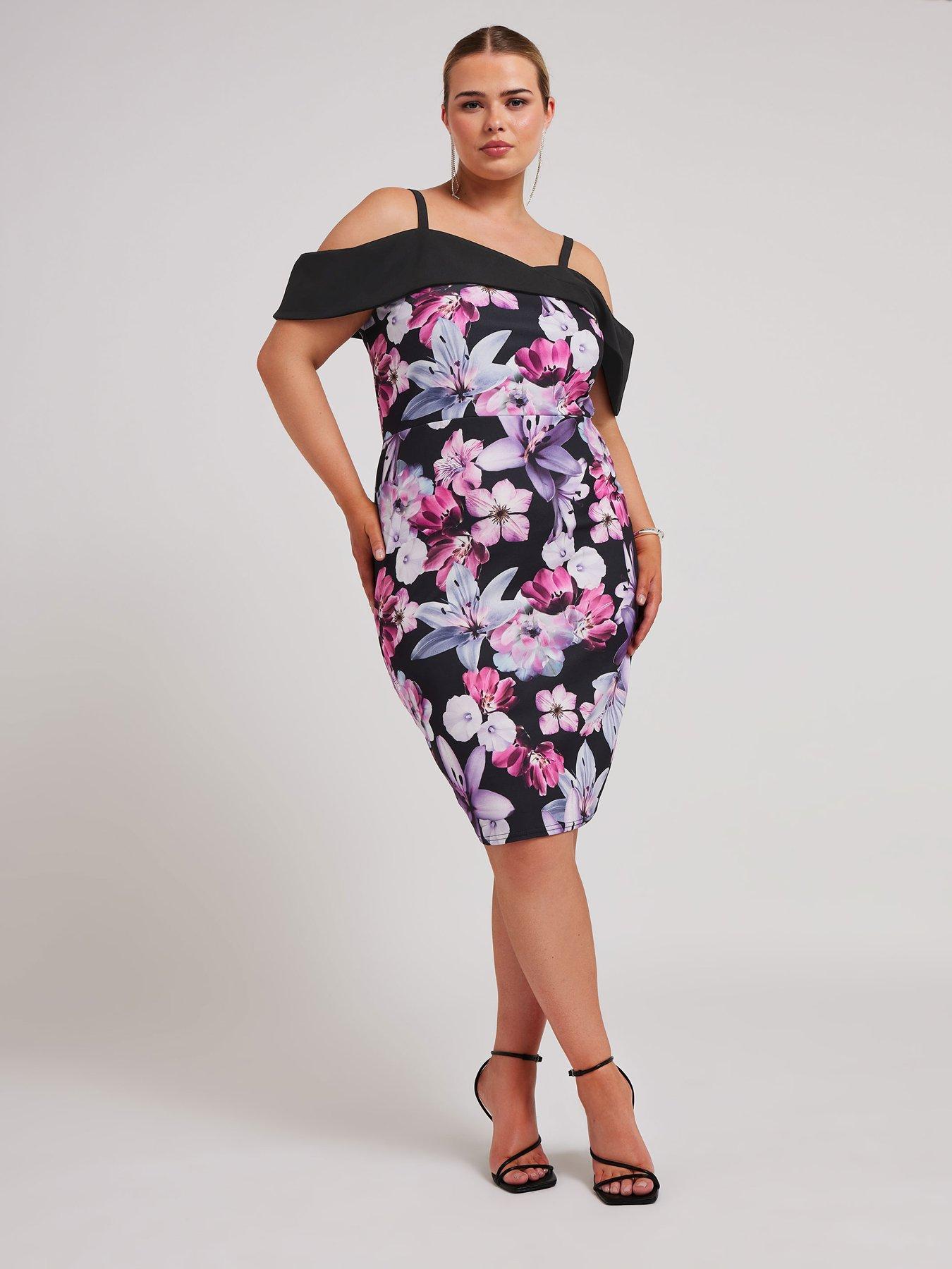 yours-curve-floral-bardot-shift-dress-black