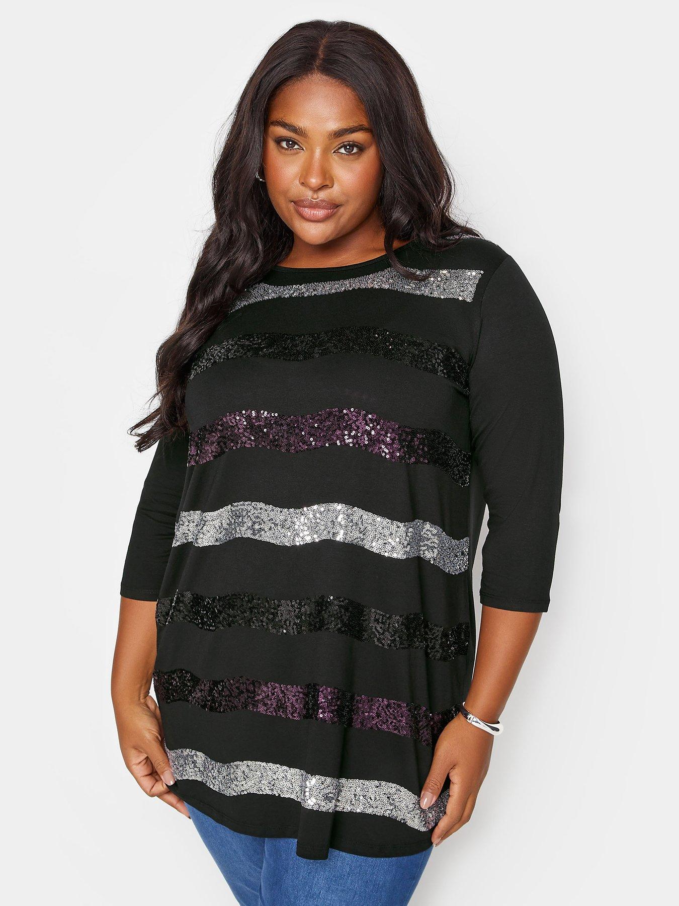 yours-curve-sequin-embellished-stripe-top-black