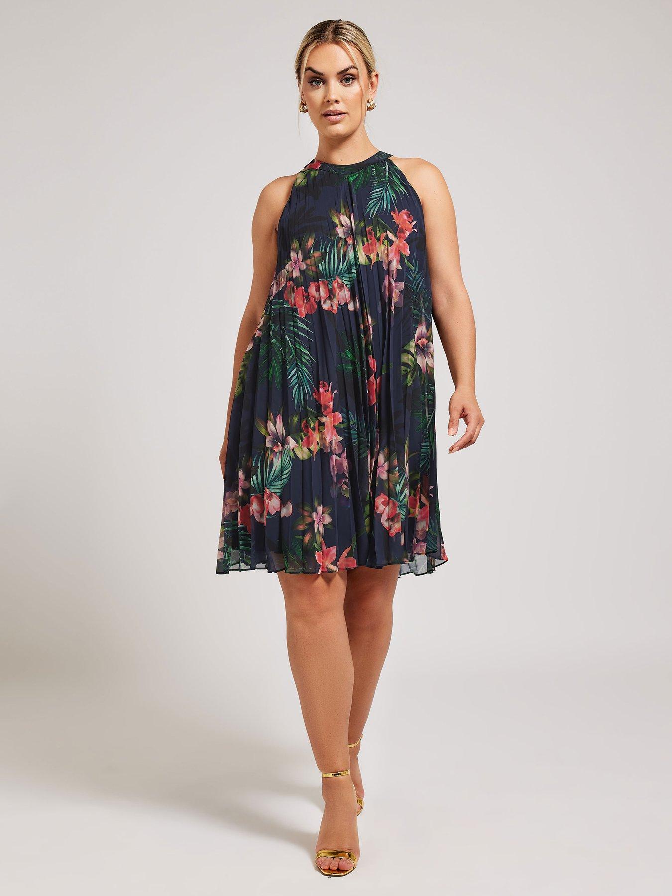 yours-curve-floral-tropical-pleated-trapeze-dress-navy