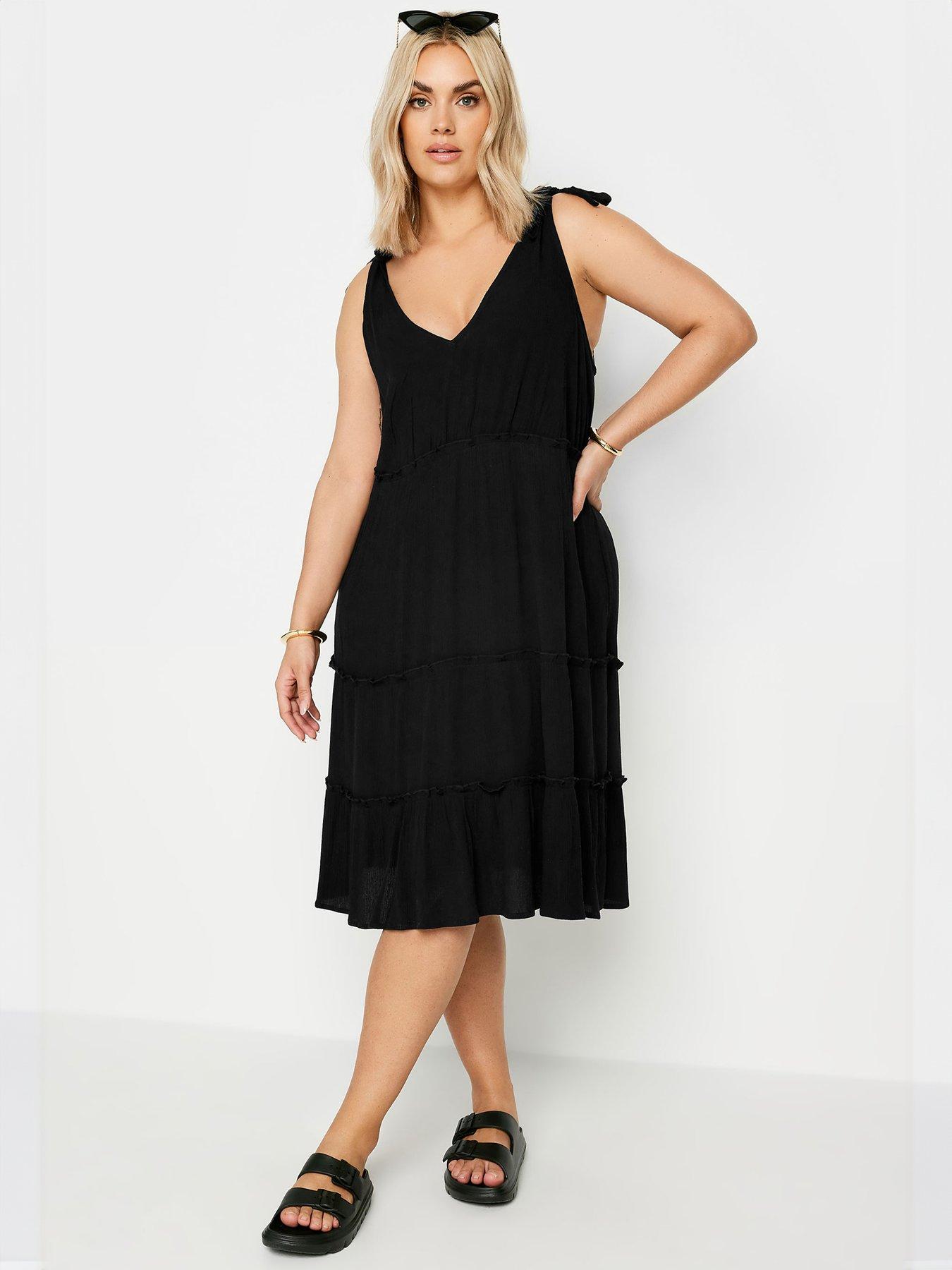 yours-curve-tiered-frill-tie-sleeve-dress-black