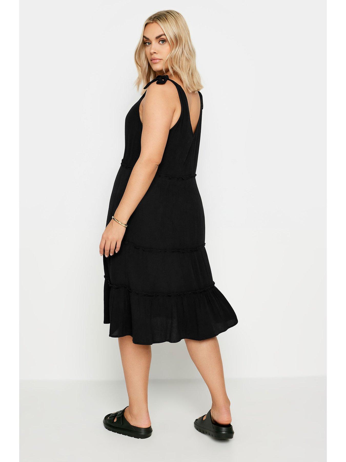 yours-curve-tiered-frill-tie-sleeve-dress-blackstillFront