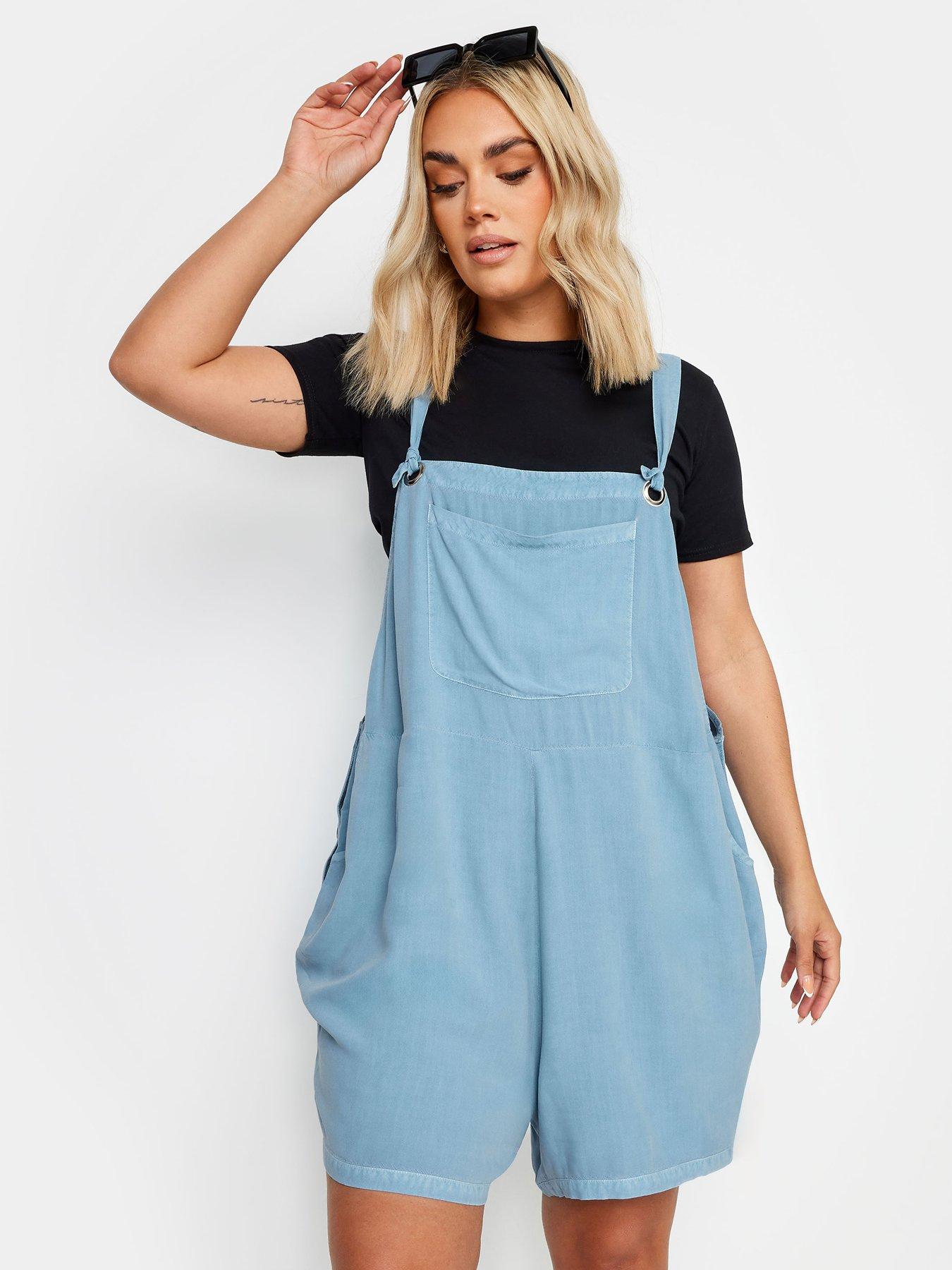 Image of Yours Curve Dungaree Short Chambray Blue