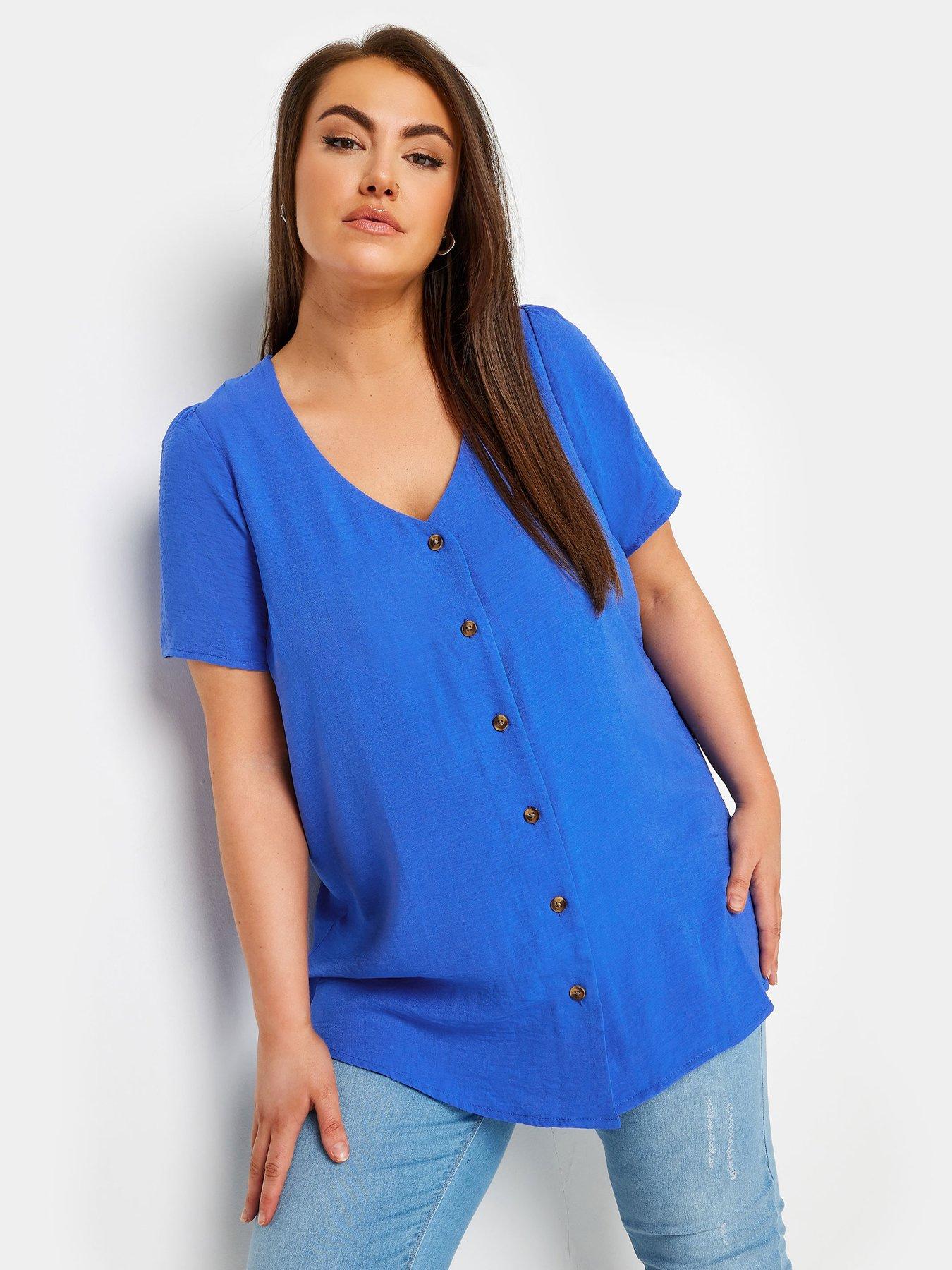Yours Curve Button Blouse Solid Blue | Very Ireland
