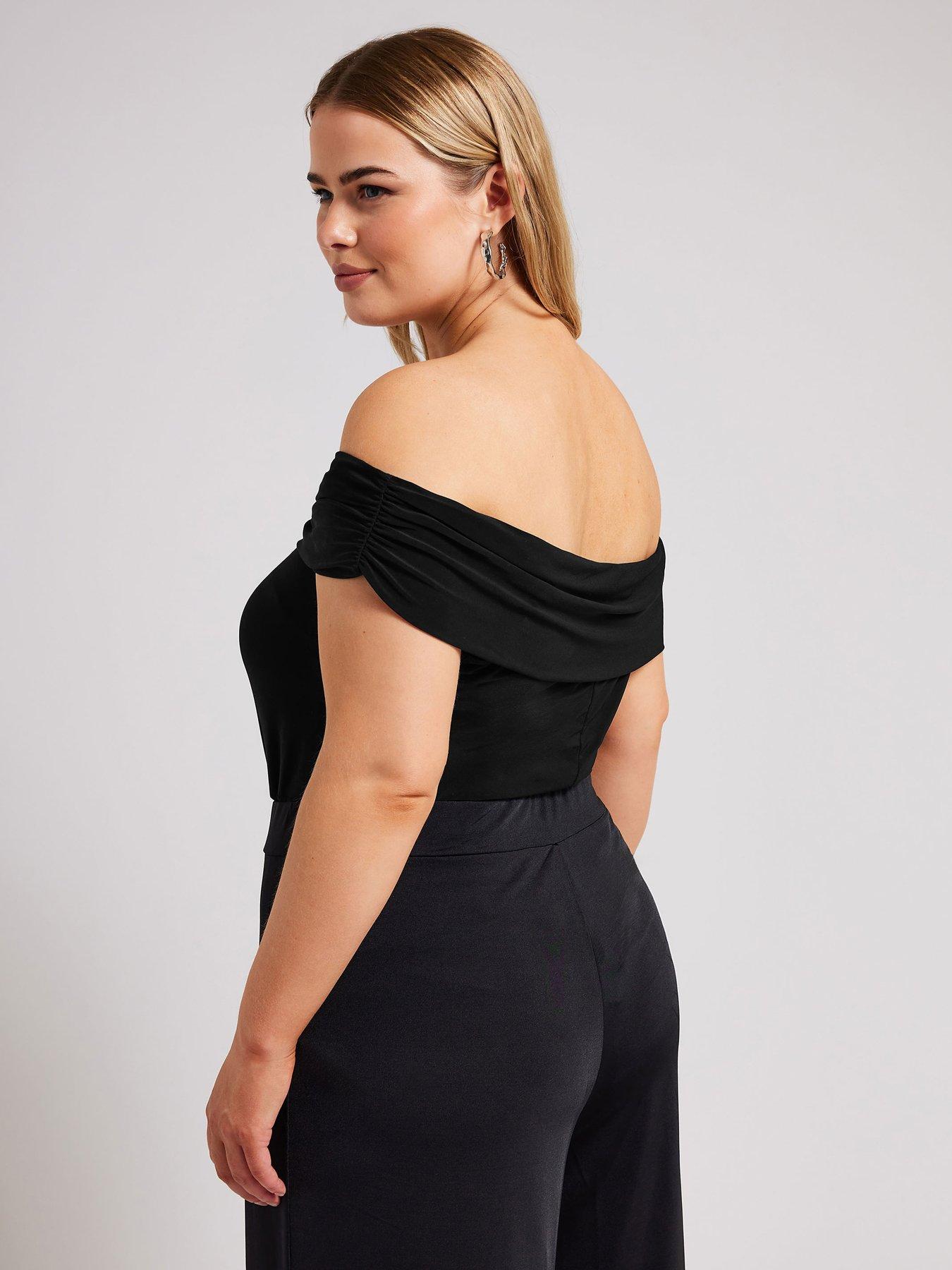 yours-curve-ruched-bardot-bodysuit-blackstillFront