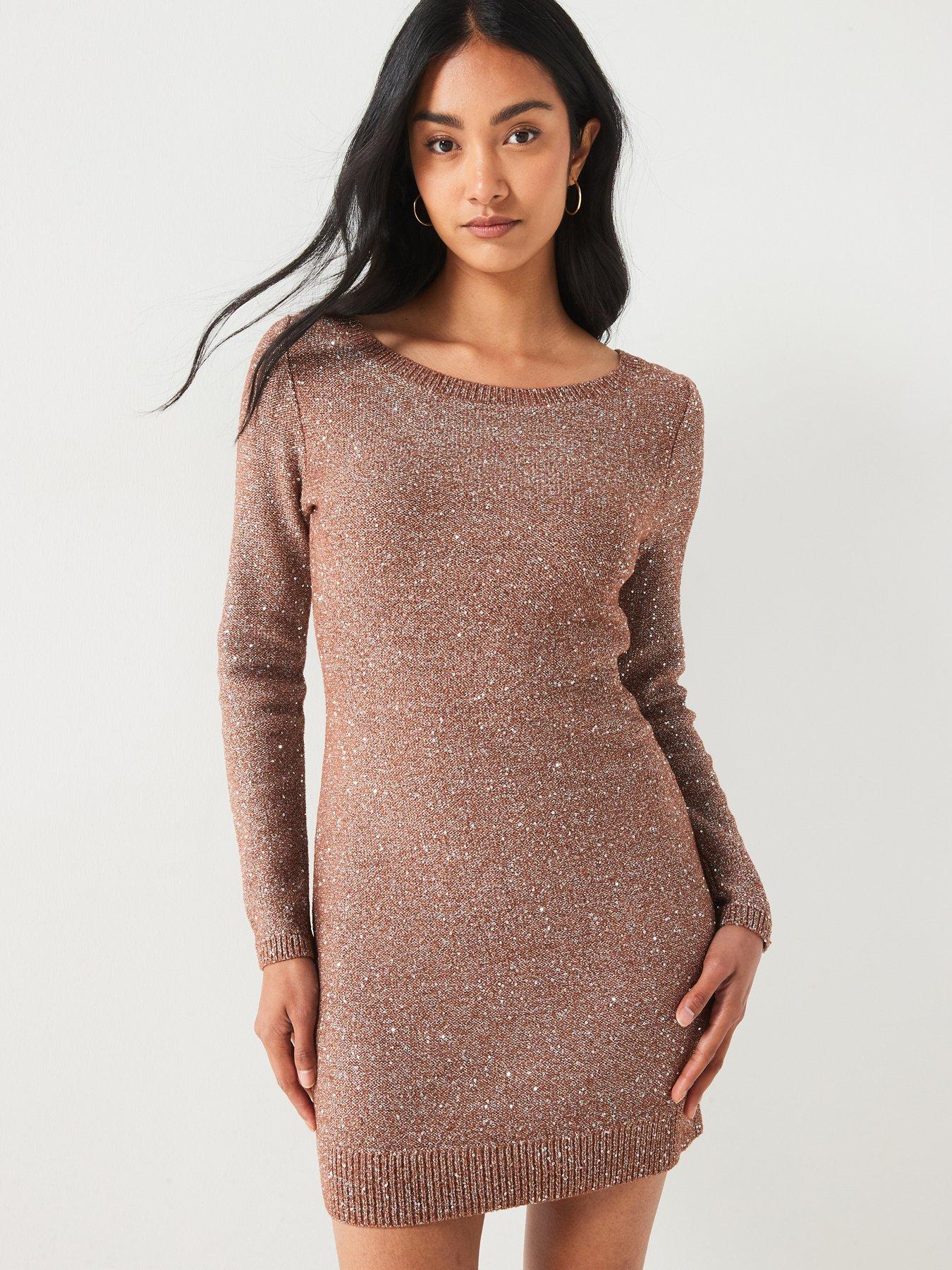 hugo-suneti-long-sleeve-glitter-knit-mini-dress-pink