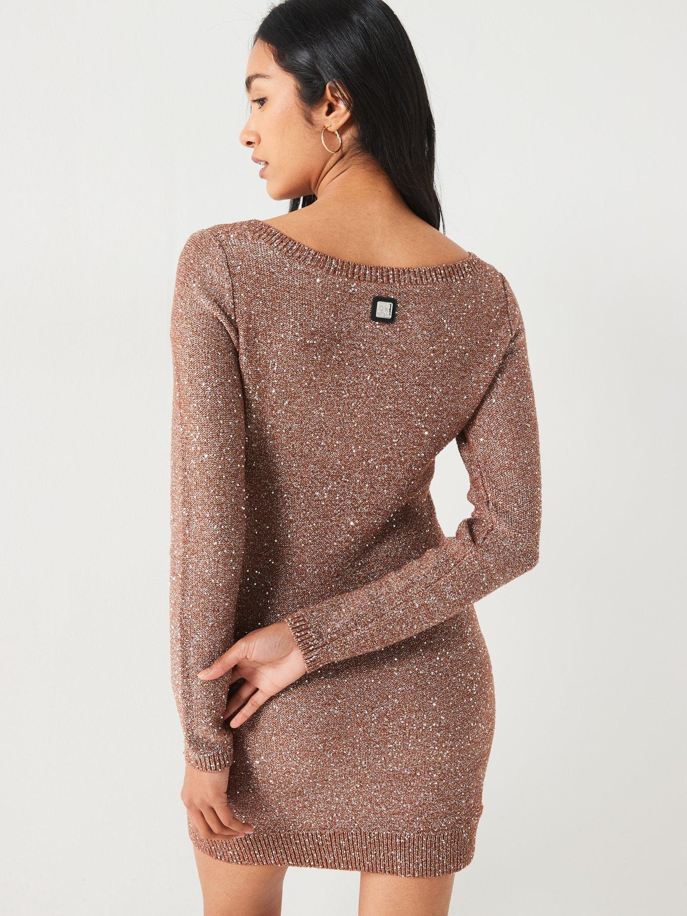 hugo-suneti-long-sleeve-glitter-knit-mini-dress-pinkstillFront