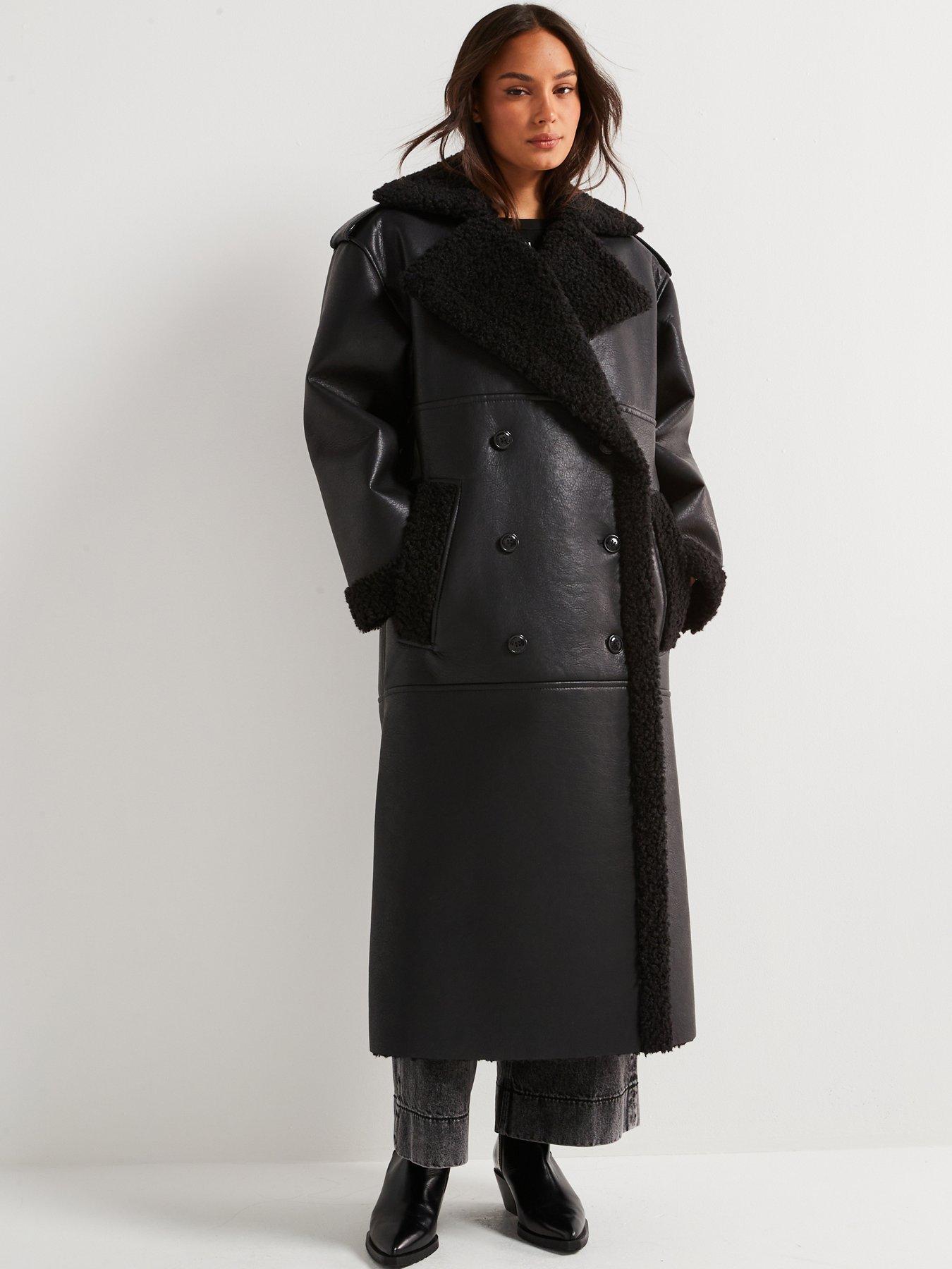 Image of HUGO Mifara Borg Lined Faux Leather Trench Coat - Black