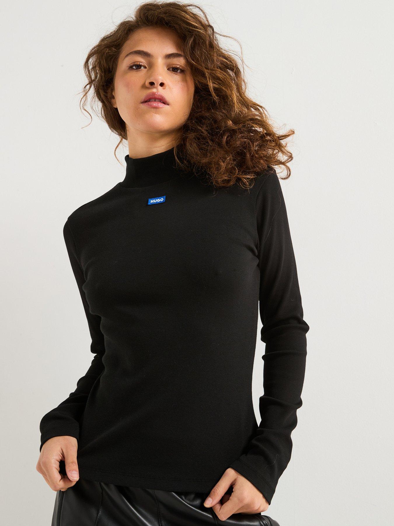 hugo-easy-long-sleeve-chest-logo-polo-neck-top-black