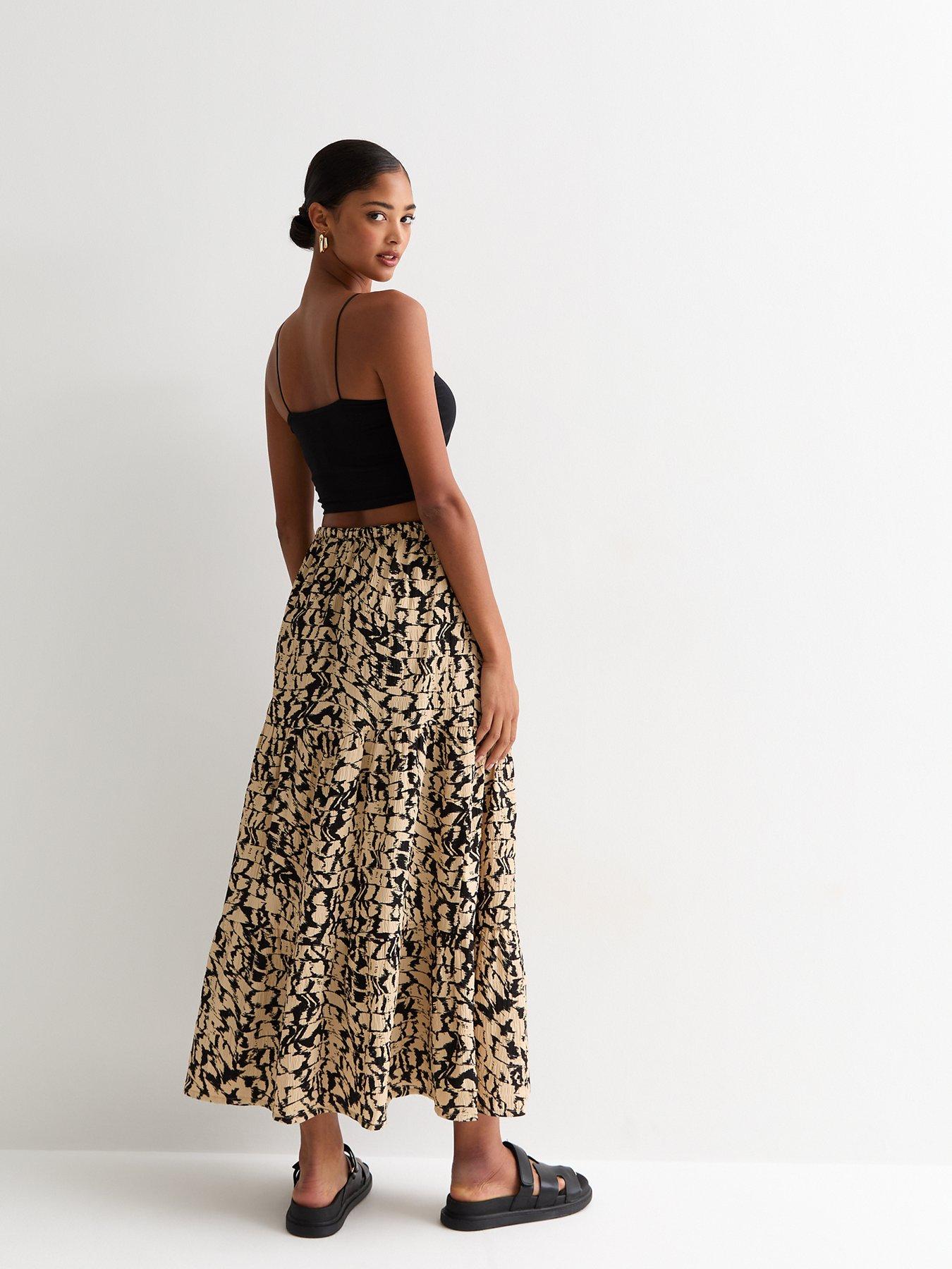 new-look-brown-abstract-print-textured-tiered-midi-skirtstillFront