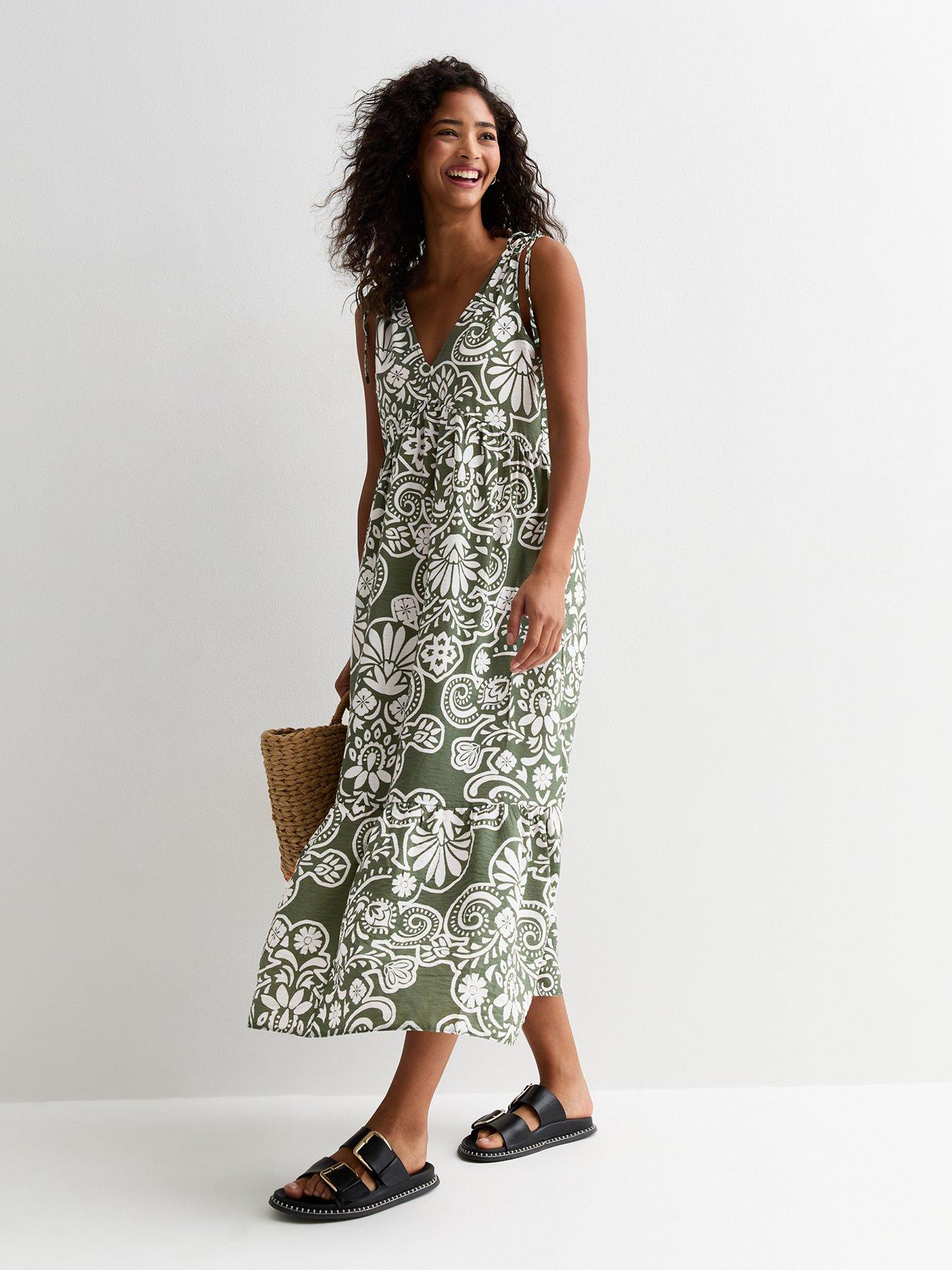 new-look-green-floral-print-tiered-midi-dressfront