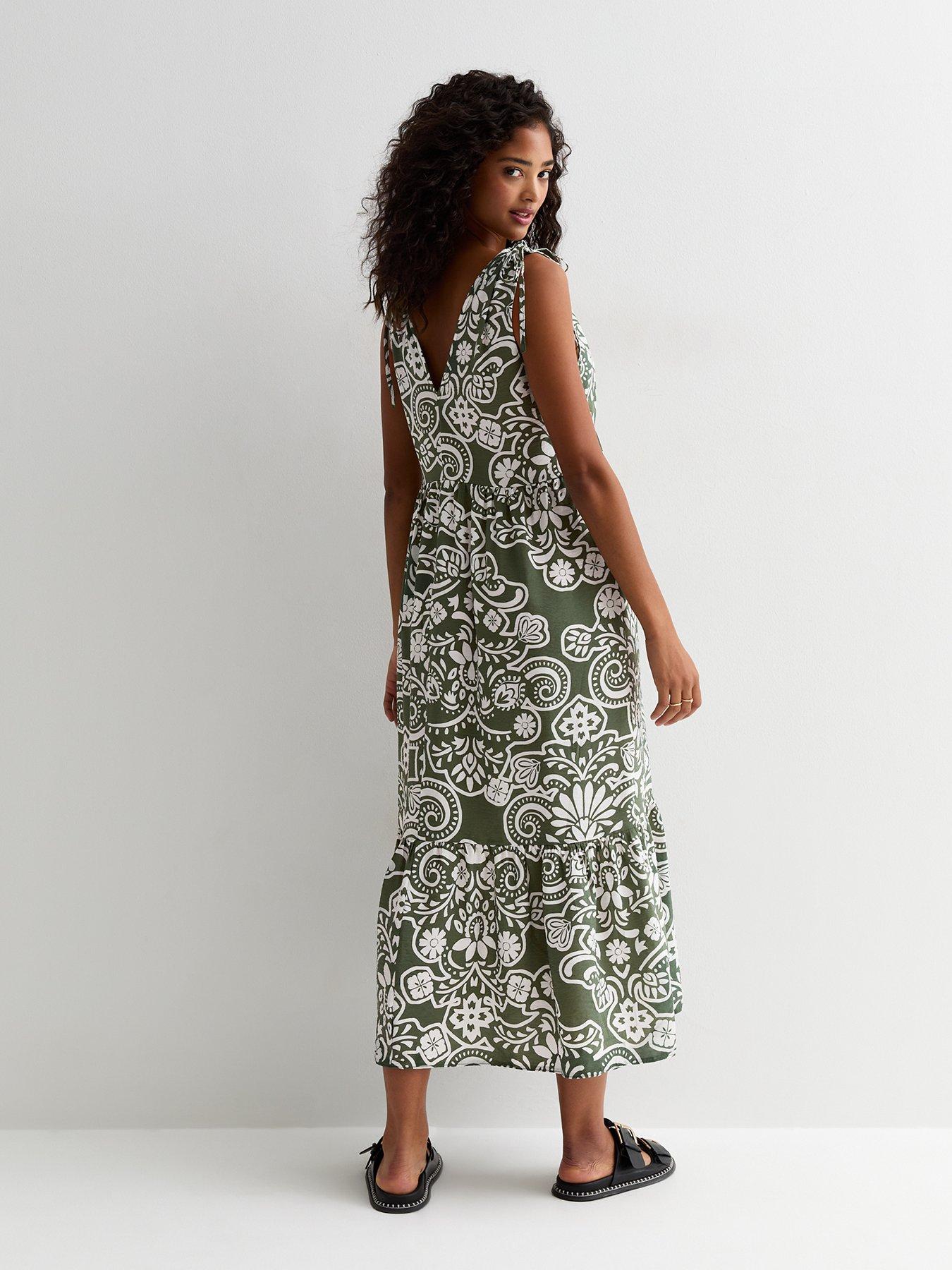 new-look-green-floral-print-tiered-midi-dressstillFront