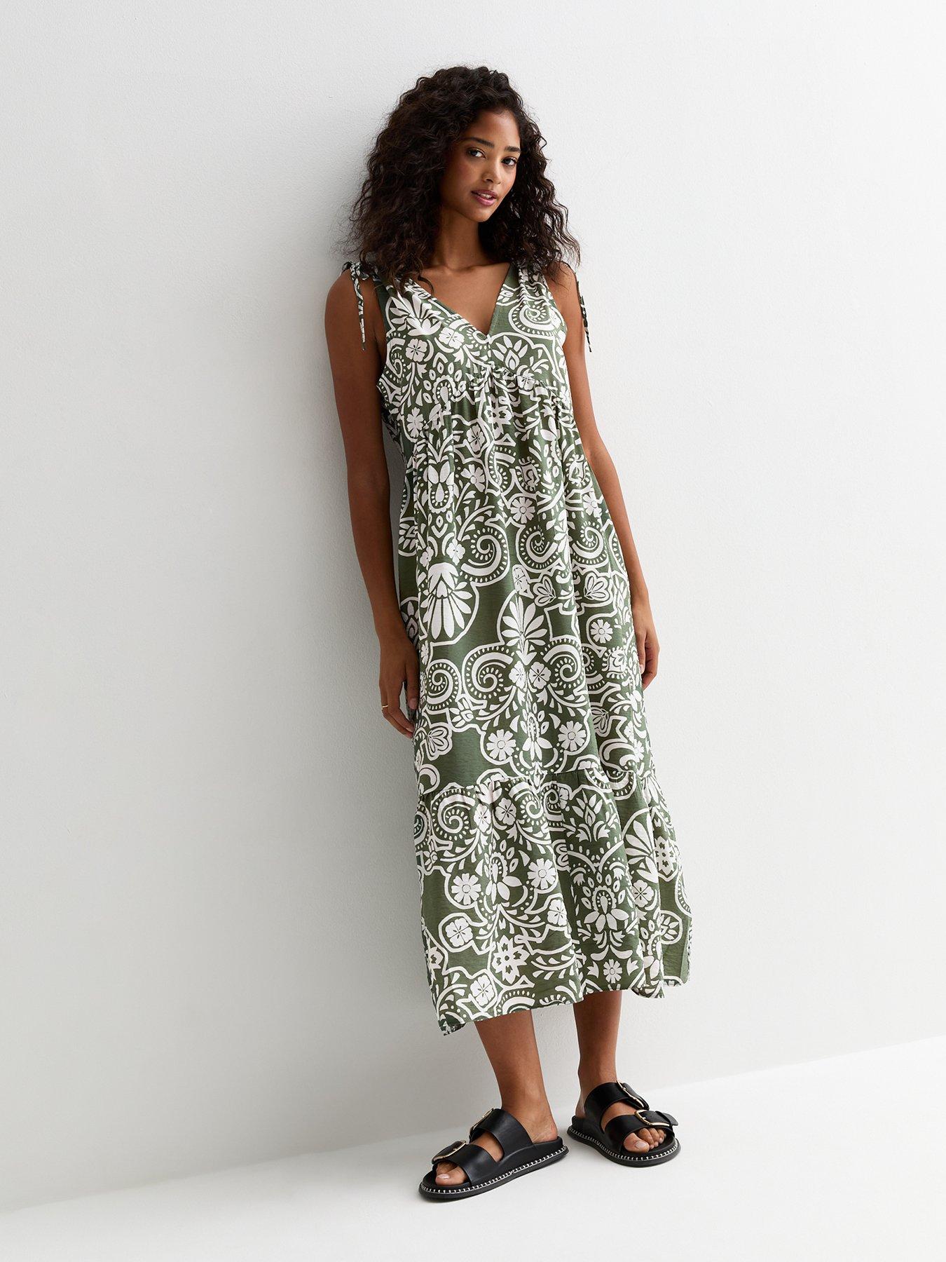 new-look-green-floral-print-tiered-midi-dressback