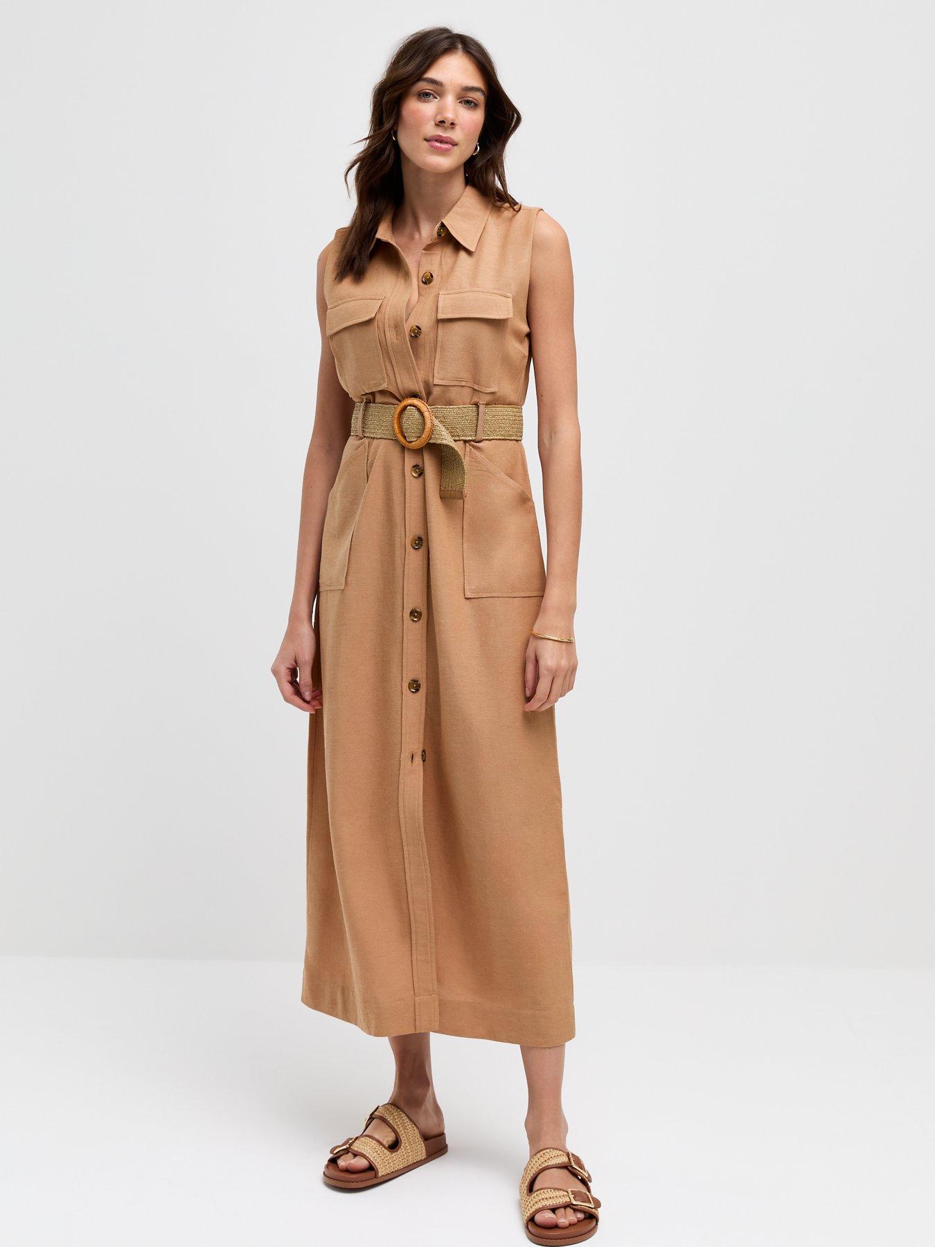 new-look-stone-belted-utility-midi-shirt-dress